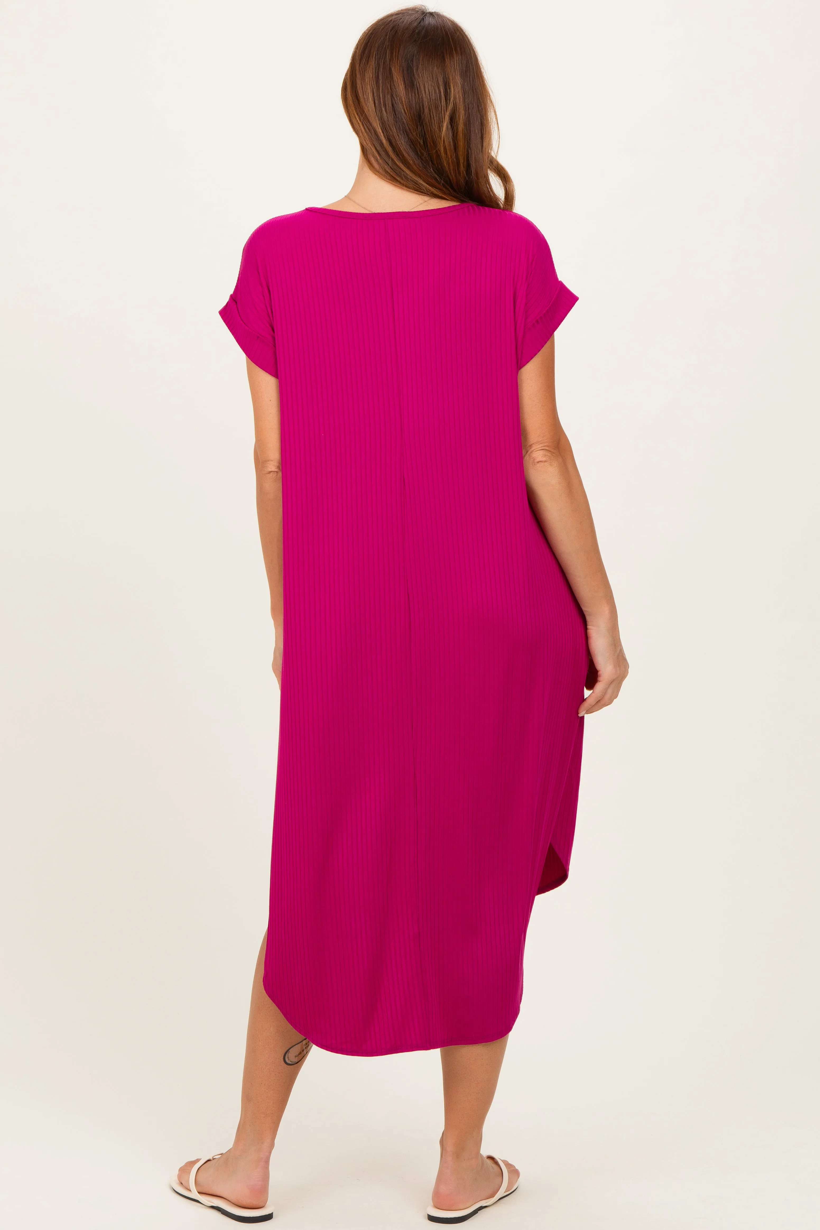Magenta Ribbed Curved Hem Midi Dress sold by Pinkblush product image thumbnail 3