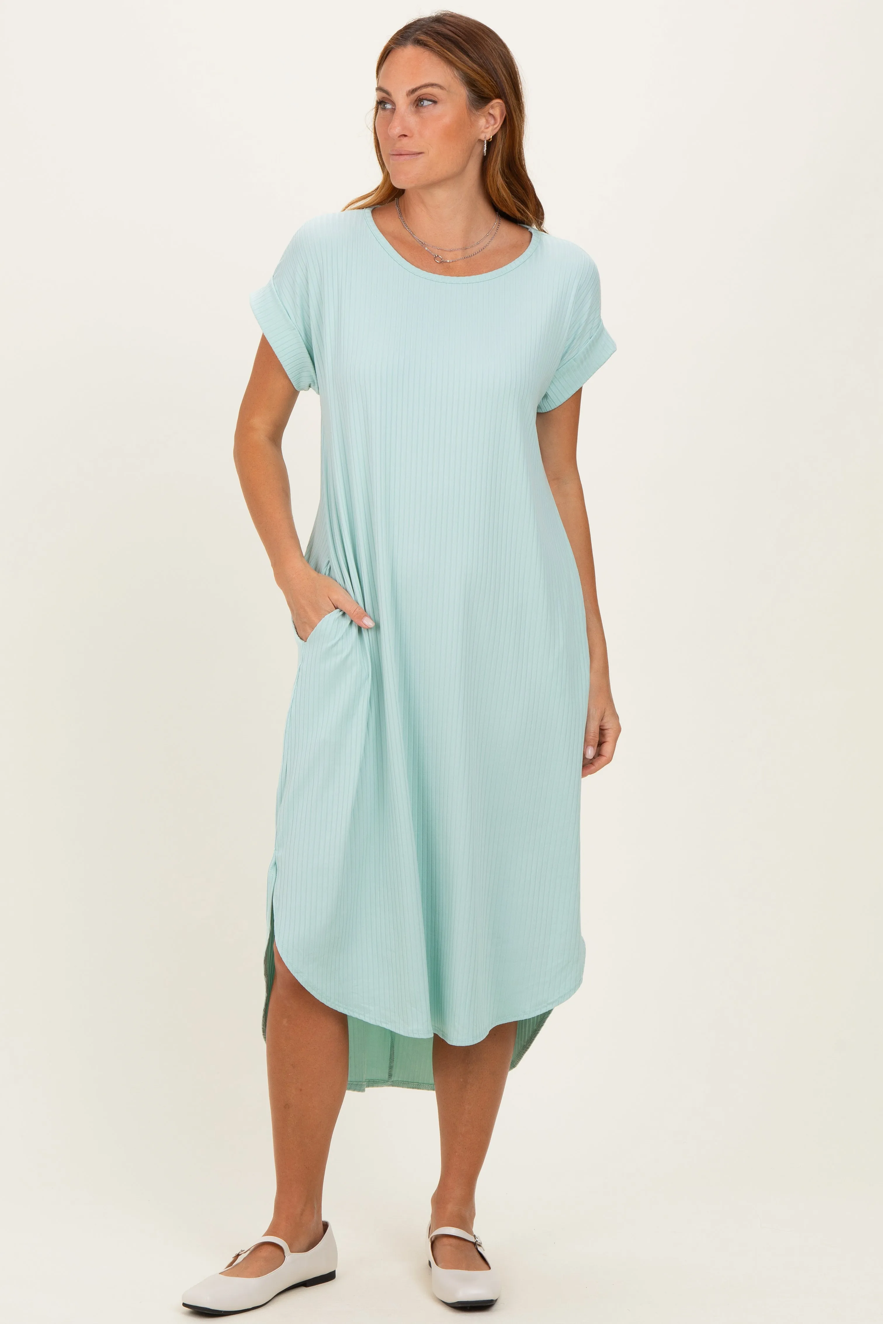 Mint Ribbed Curved Hem Midi Dress sold by Pinkblush