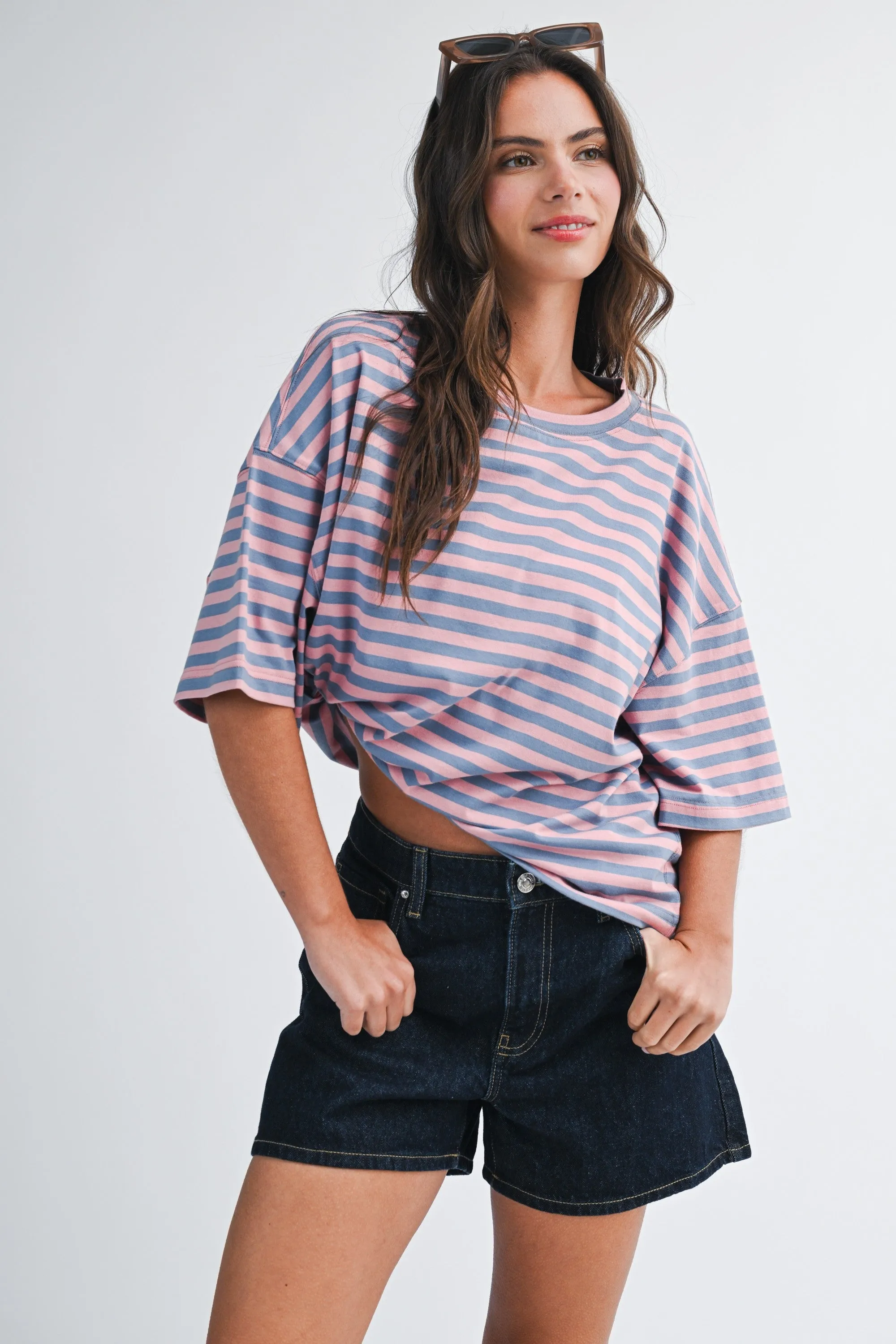 Rose Pink Oversized Striped Boyfriend Tee sold by Pinkblush