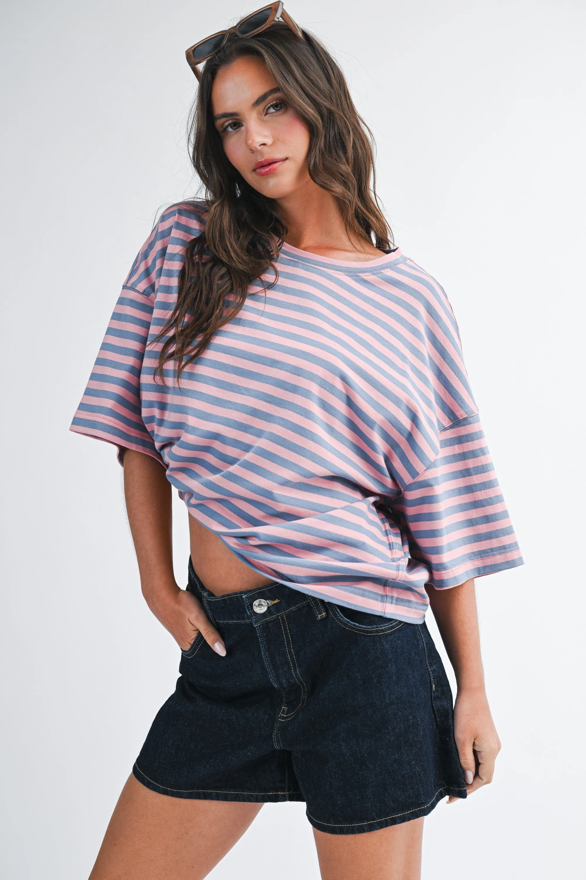 Rose Pink Oversized Striped Boyfriend Tee sold by Pinkblush product image thumbnail 2