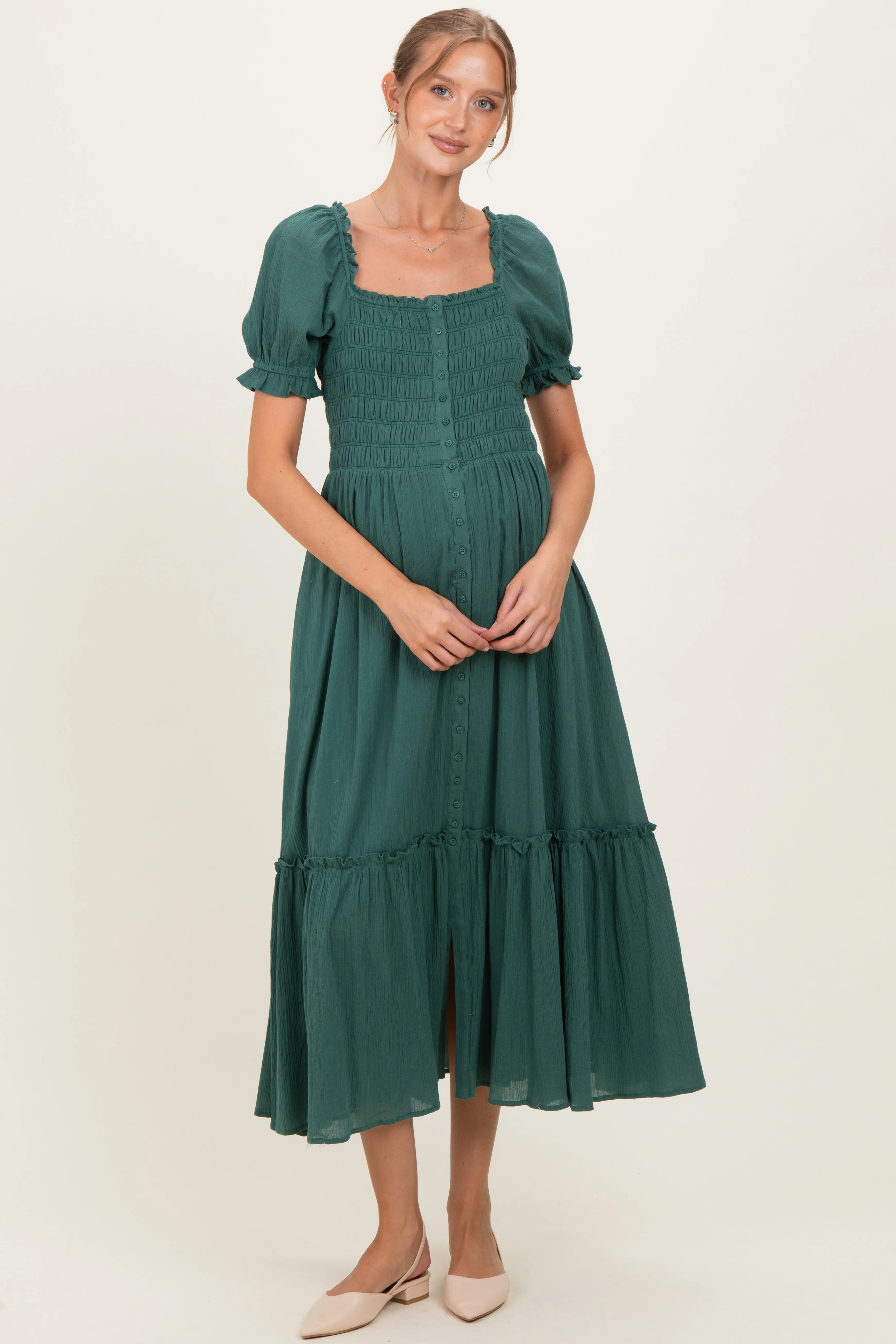 Forest Green Smocked Button Down Maternity Maxi Dress sold by Pinkblush