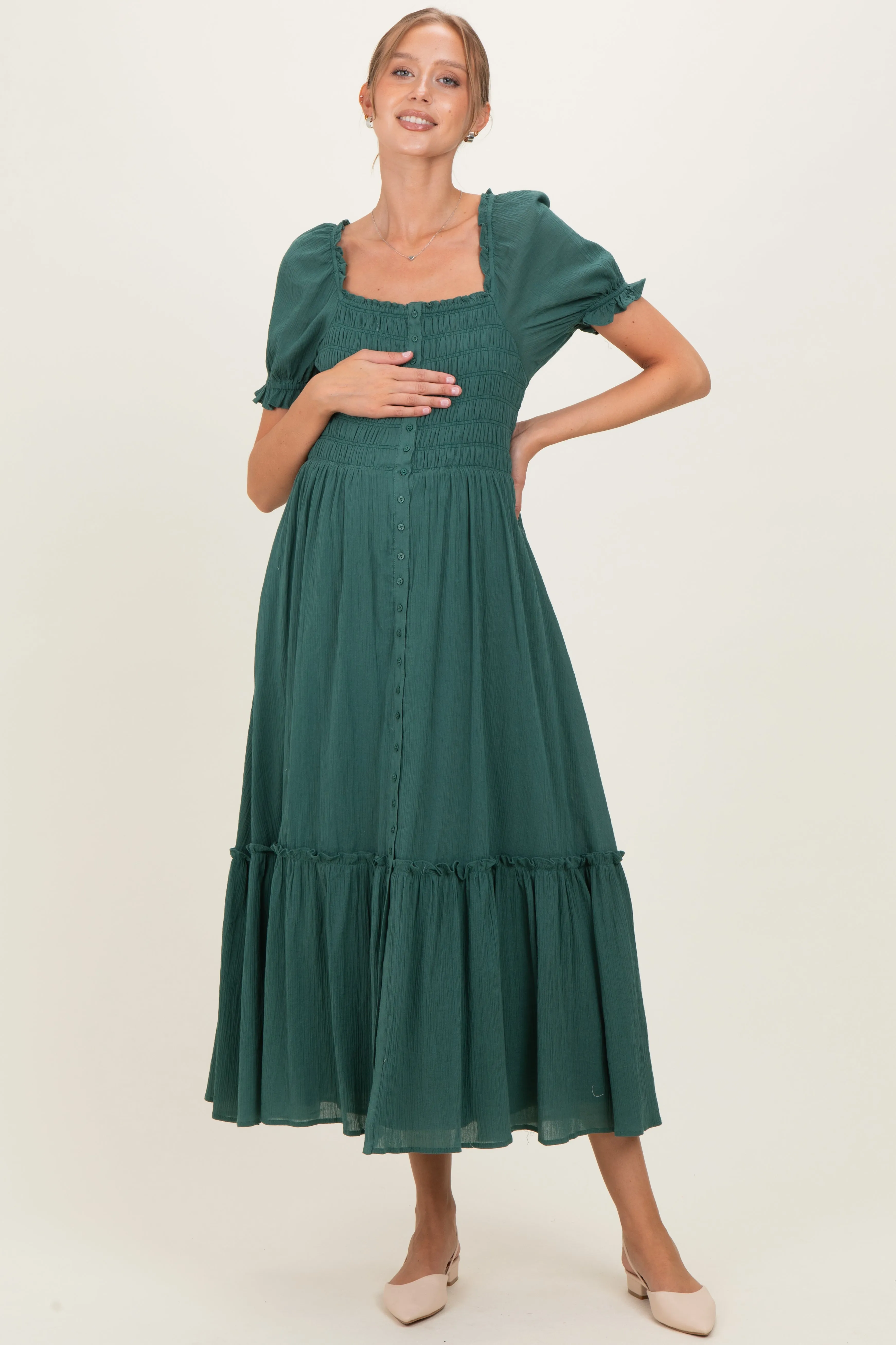 Forest Green Smocked Button Down Maternity Maxi Dress sold by Pinkblush product image thumbnail 2