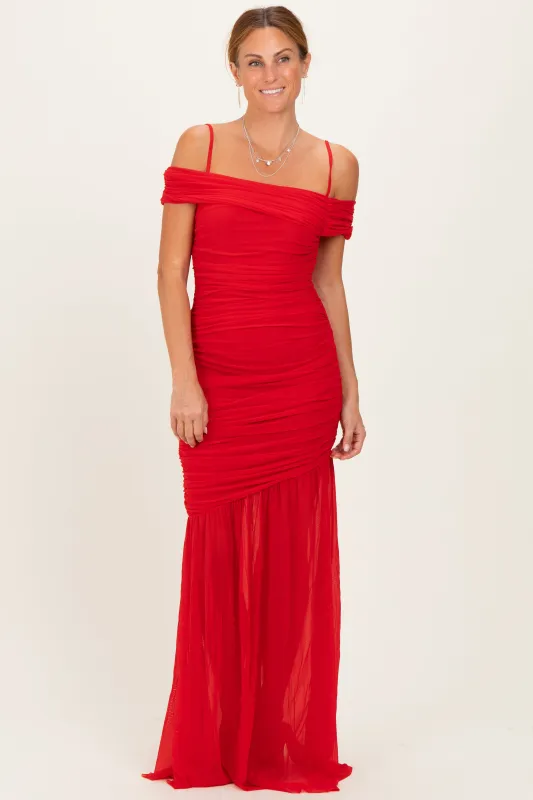 Red Ruched Mesh Off Shoulder Maxi Dress sold by Pinkblush