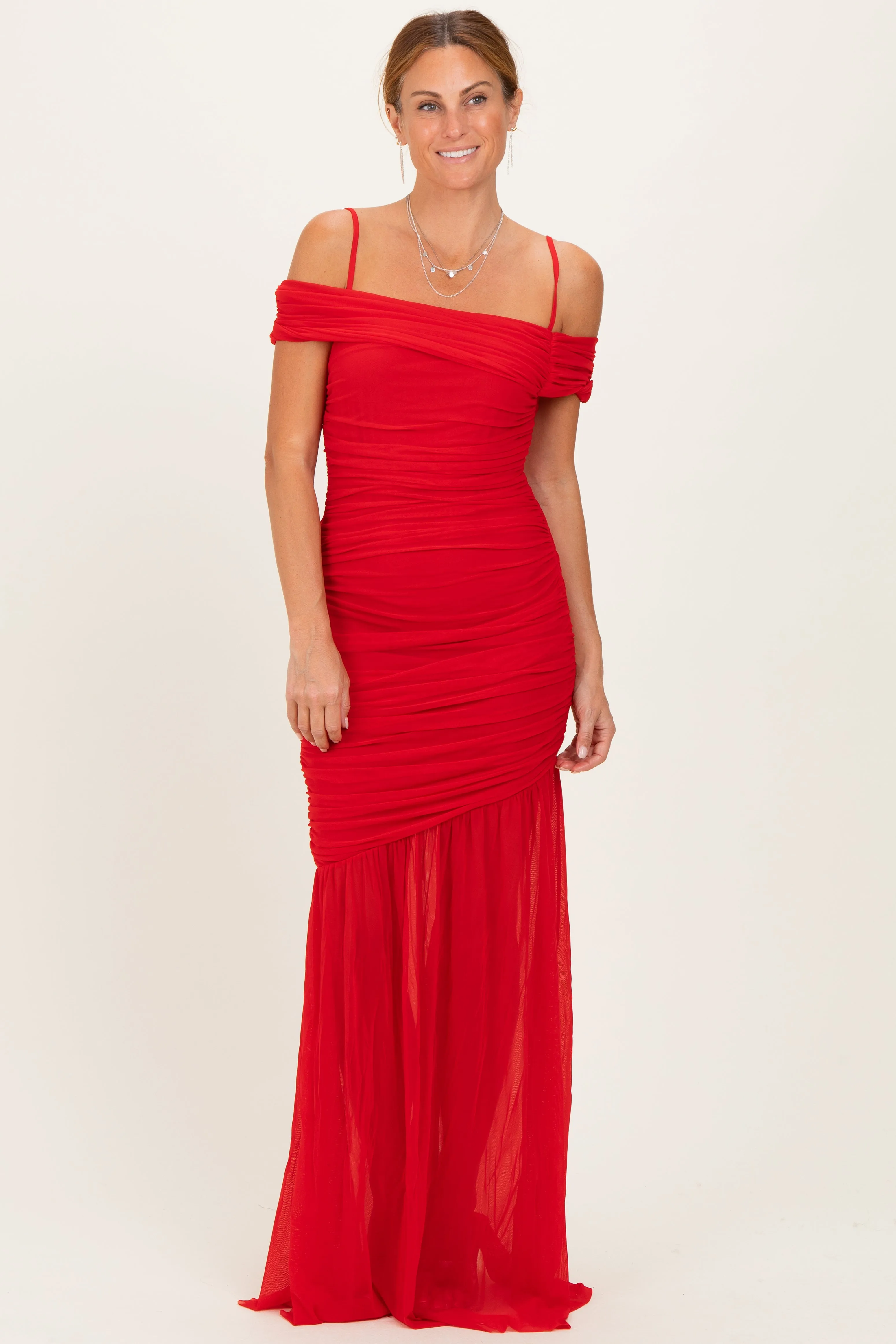 Red Ruched Mesh Off Shoulder Maxi Dress sold by Pinkblush