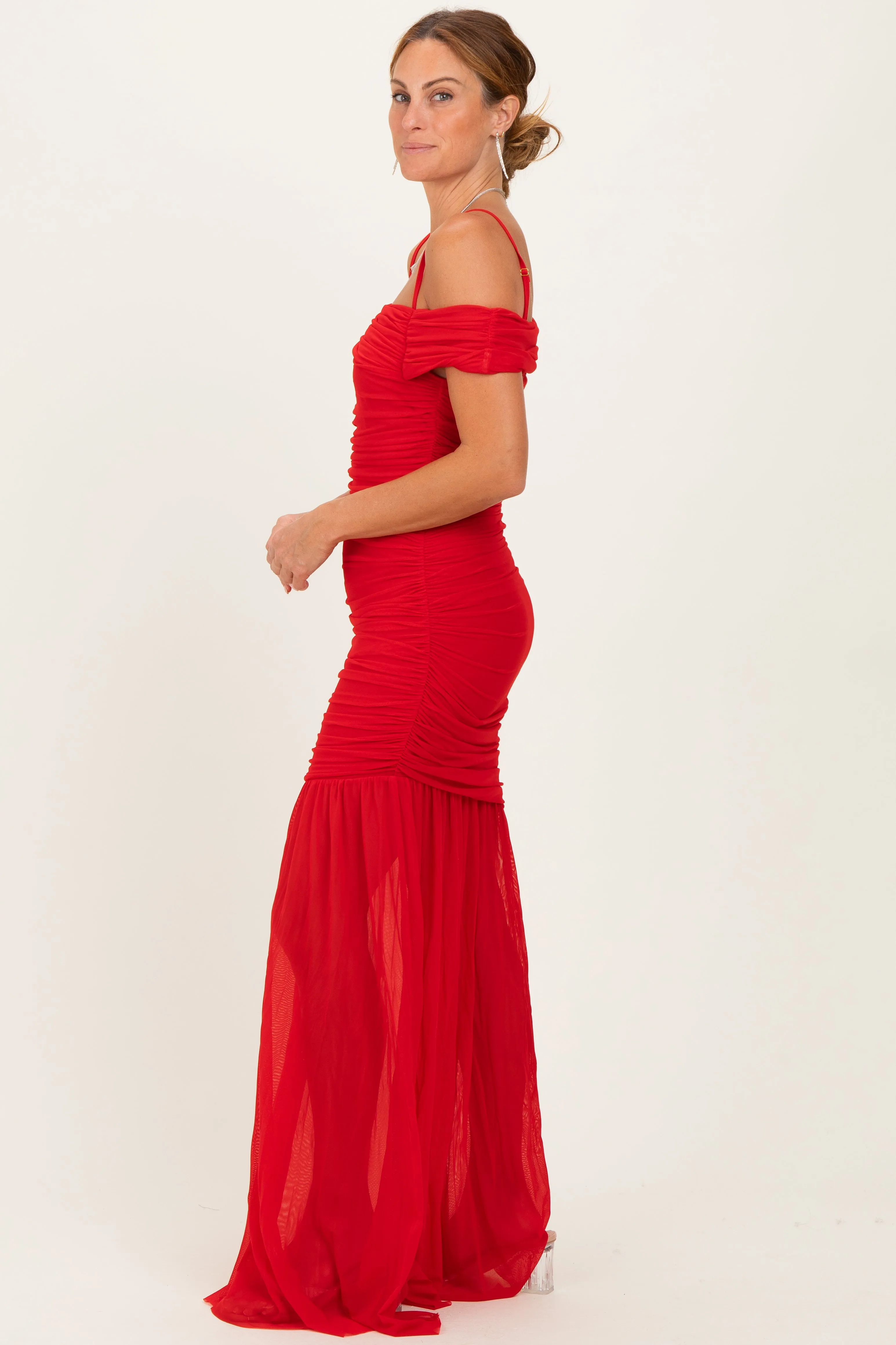 Red Ruched Mesh Off Shoulder Maxi Dress sold by Pinkblush product image thumbnail 2