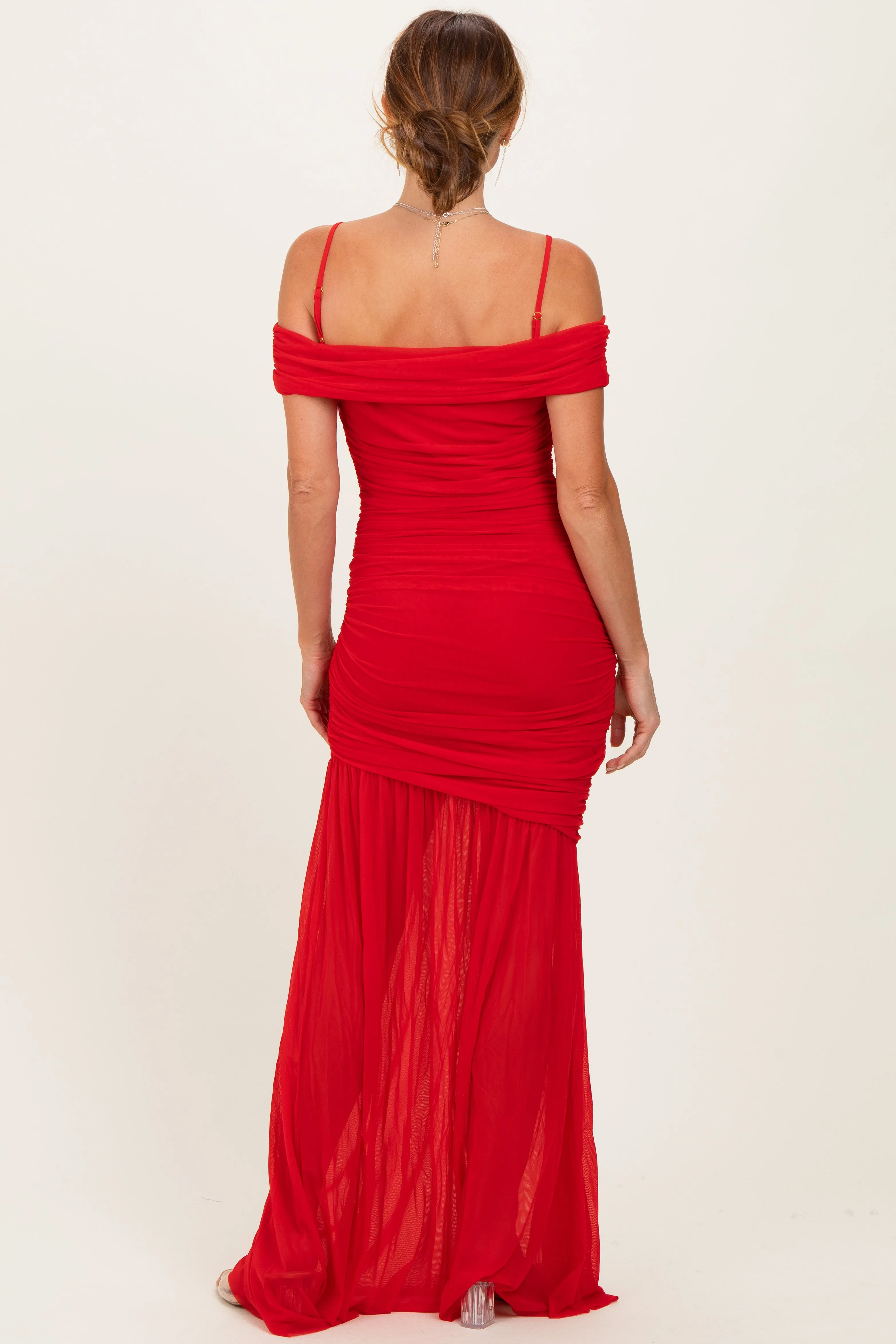 Red Ruched Mesh Off Shoulder Maxi Dress sold by Pinkblush product image thumbnail 3