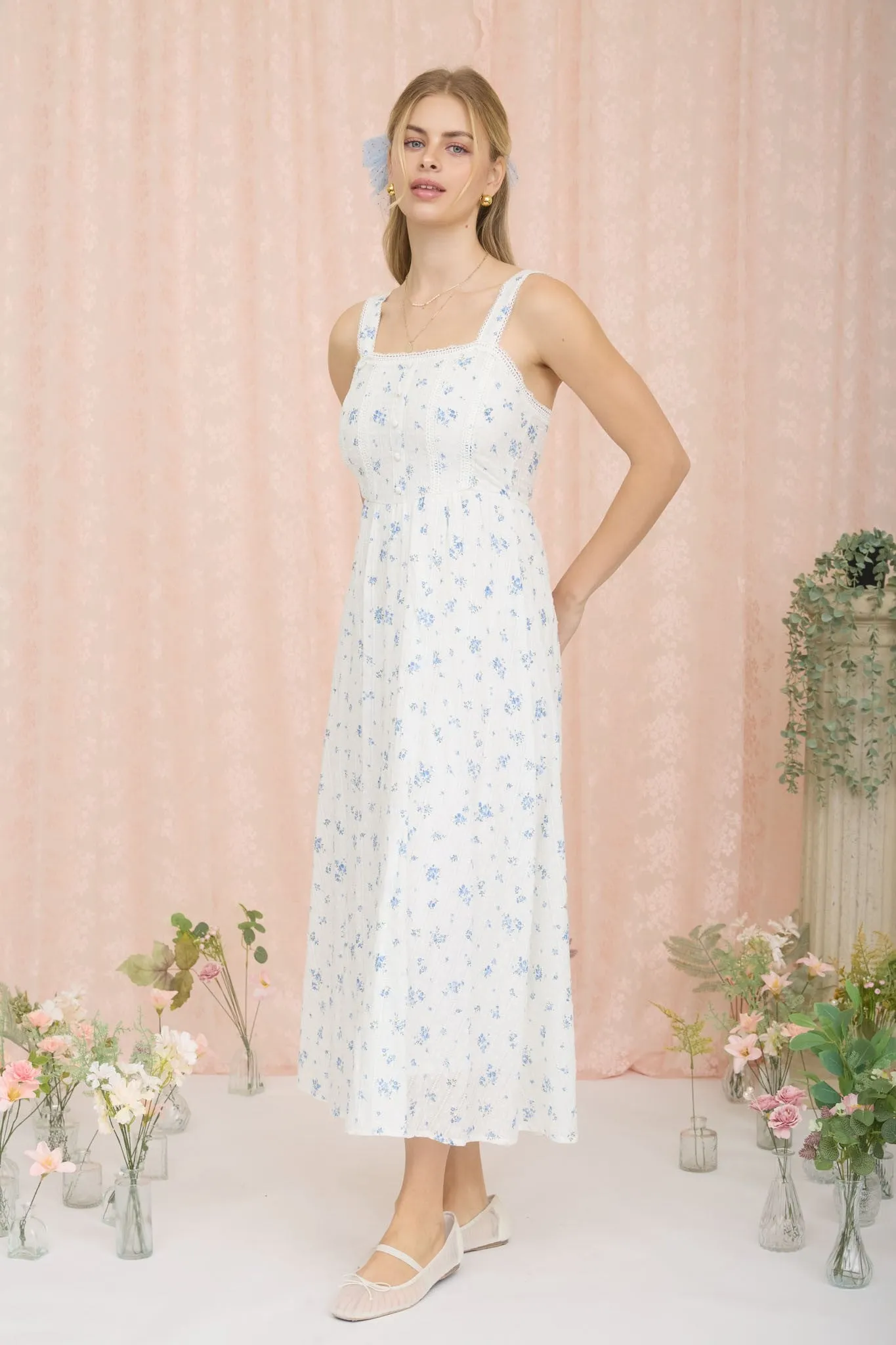 Blue Floral Lace Accent Sleeveless Maxi Dress sold by Pinkblush product image thumbnail 4