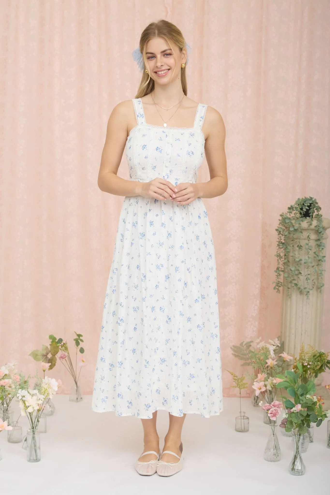 Blue Floral Lace Accent Sleeveless Maxi Dress sold by Pinkblush