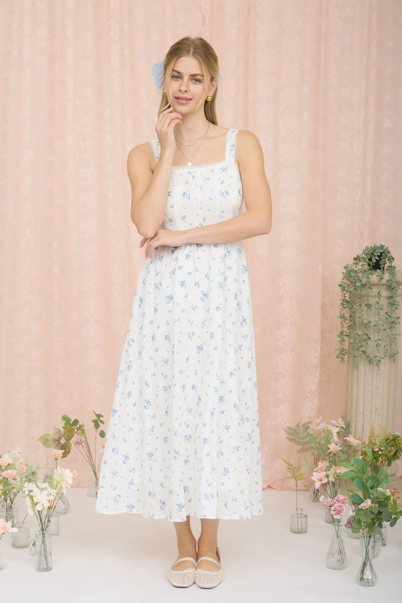 Blue Floral Lace Accent Sleeveless Maxi Dress sold by Pinkblush product image thumbnail 2
