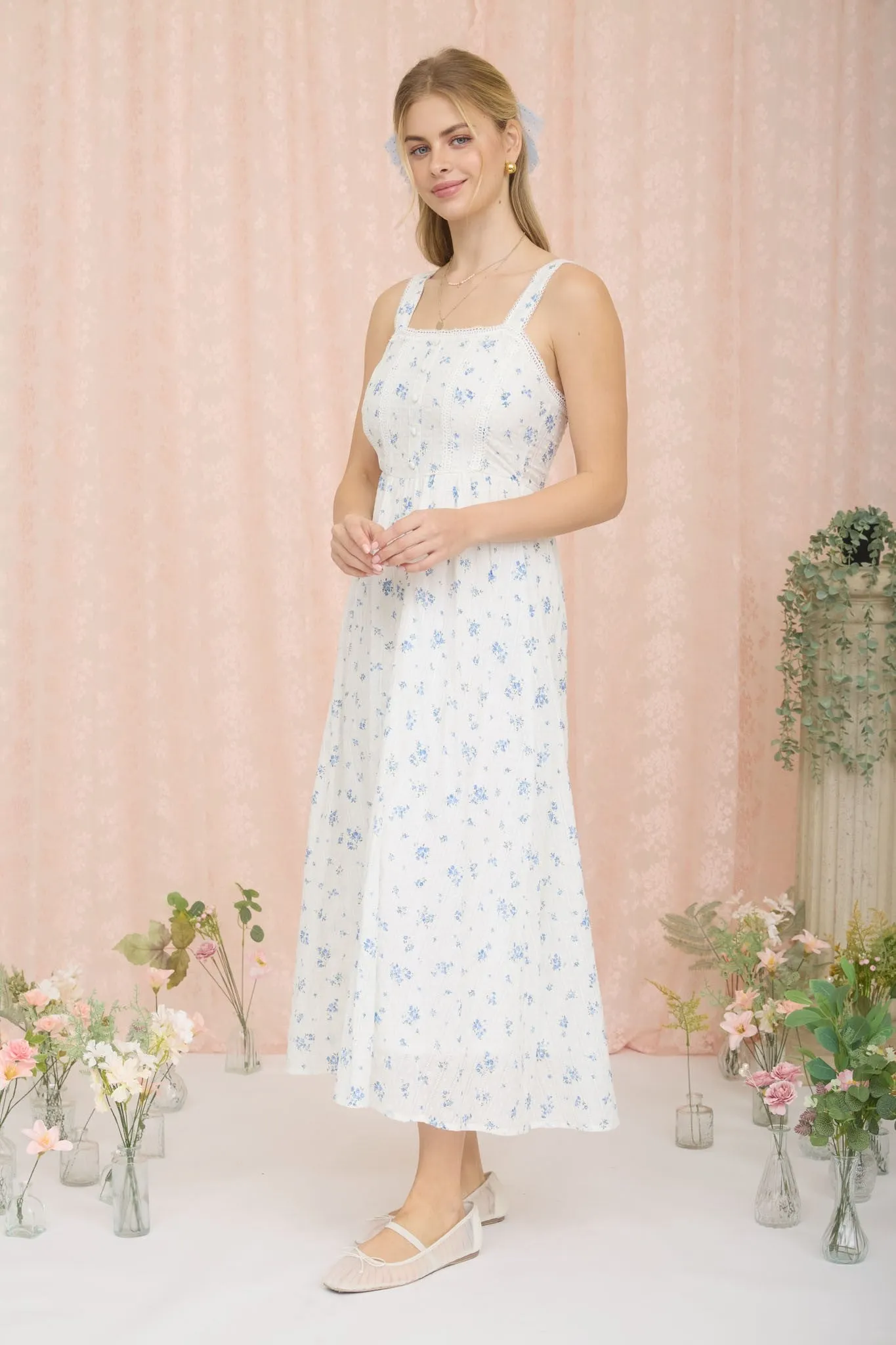 Blue Floral Lace Accent Sleeveless Maxi Dress sold by Pinkblush product image thumbnail 3