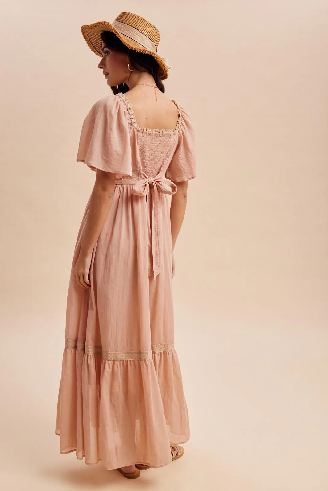 Dusty Pink Lace Accent Flutter Sleeve Maxi Dress sold by Pinkblush product image thumbnail 4