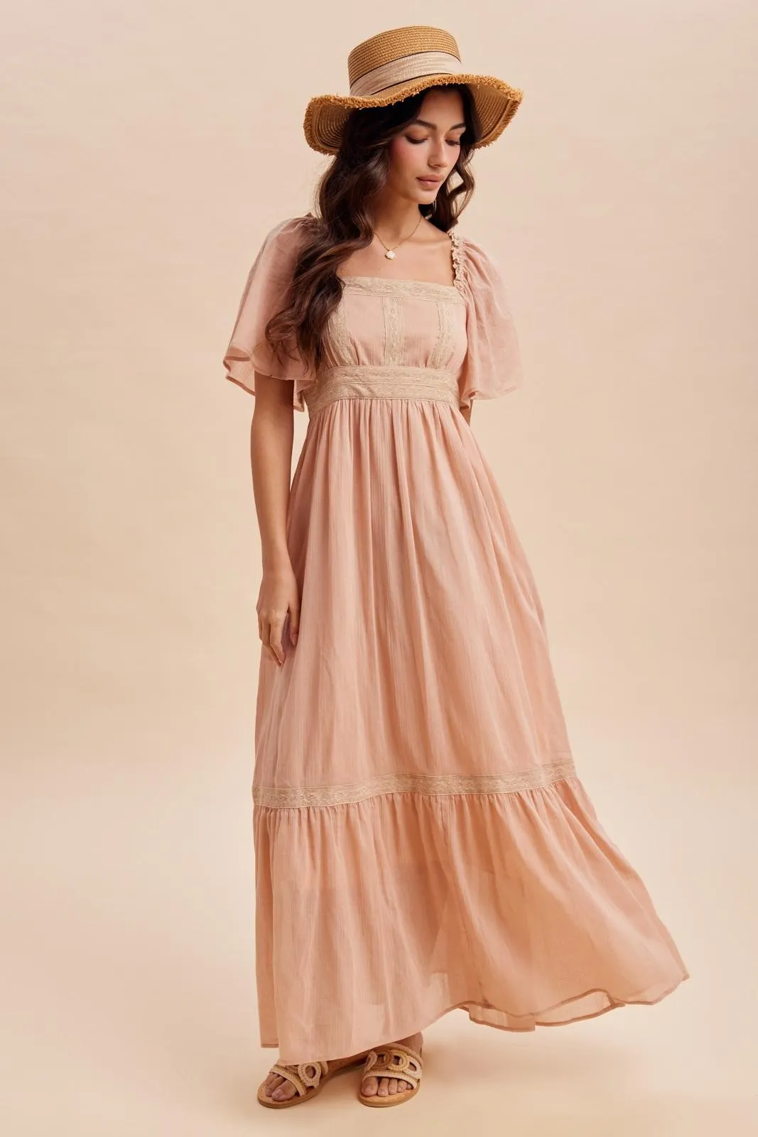 Dusty Pink Lace Accent Flutter Sleeve Maxi Dress sold by Pinkblush product image thumbnail 2