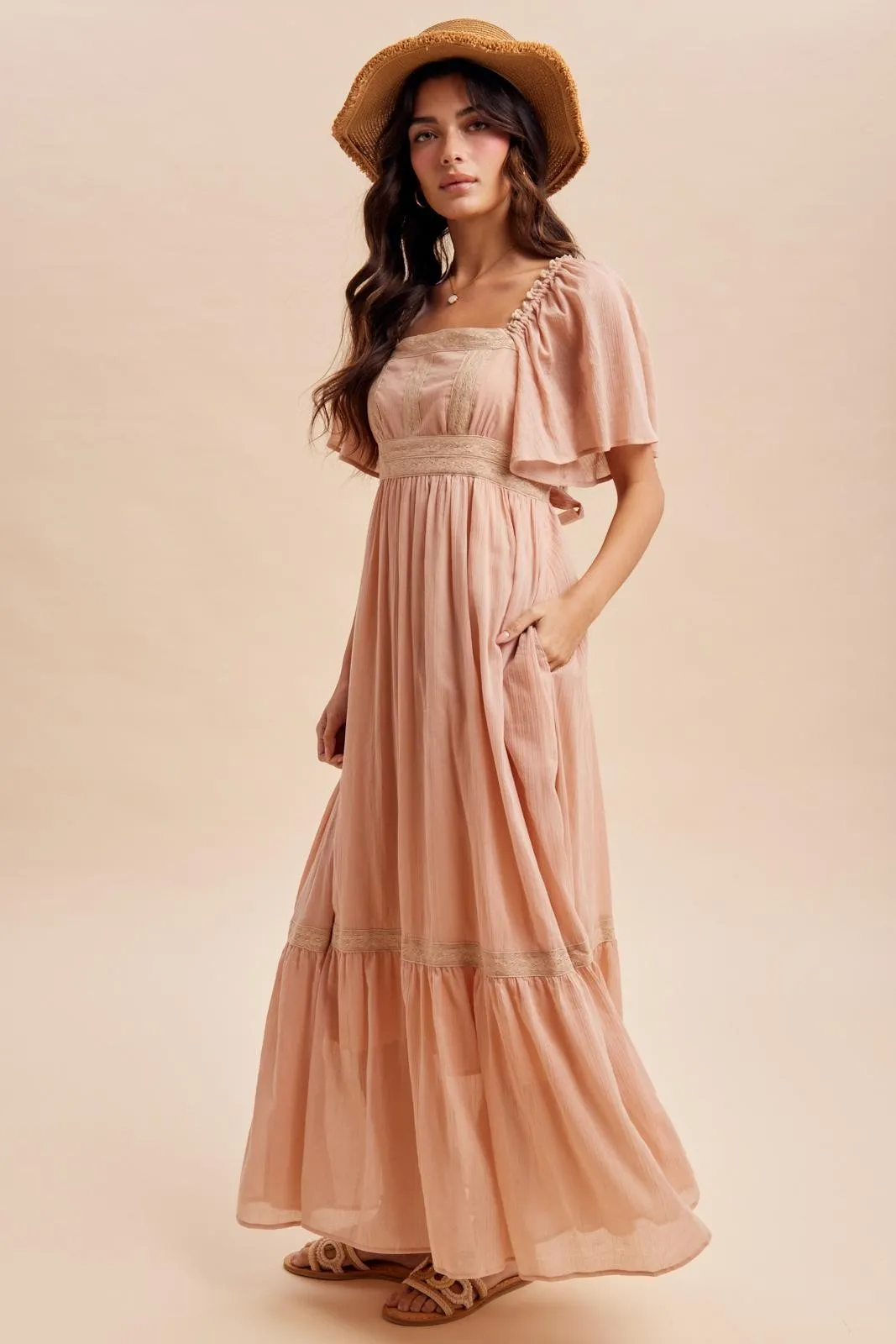 Dusty Pink Lace Accent Flutter Sleeve Maxi Dress sold by Pinkblush product image thumbnail 3