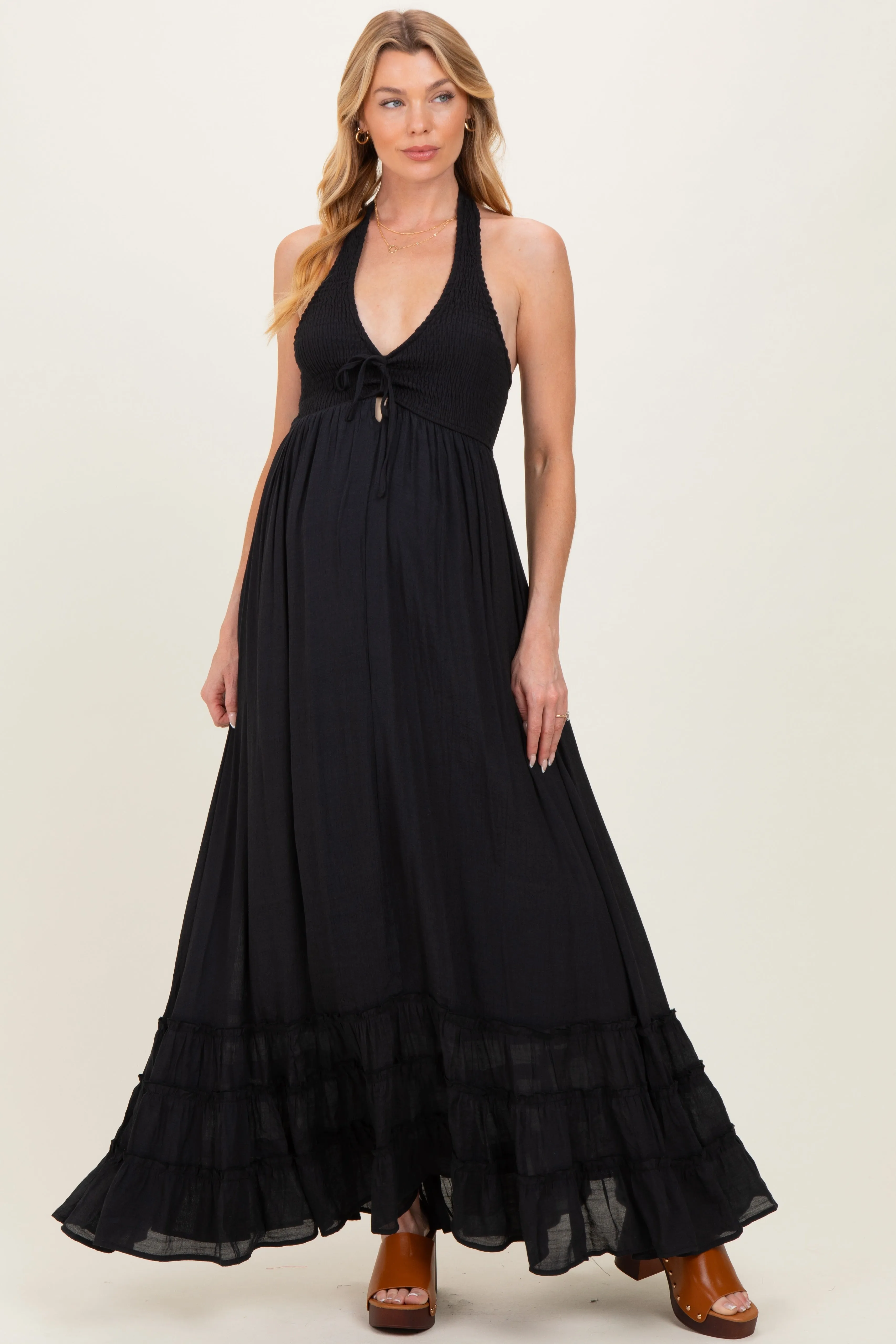 Black Halter Neck Smocked Maternity Maxi Dress sold by Pinkblush