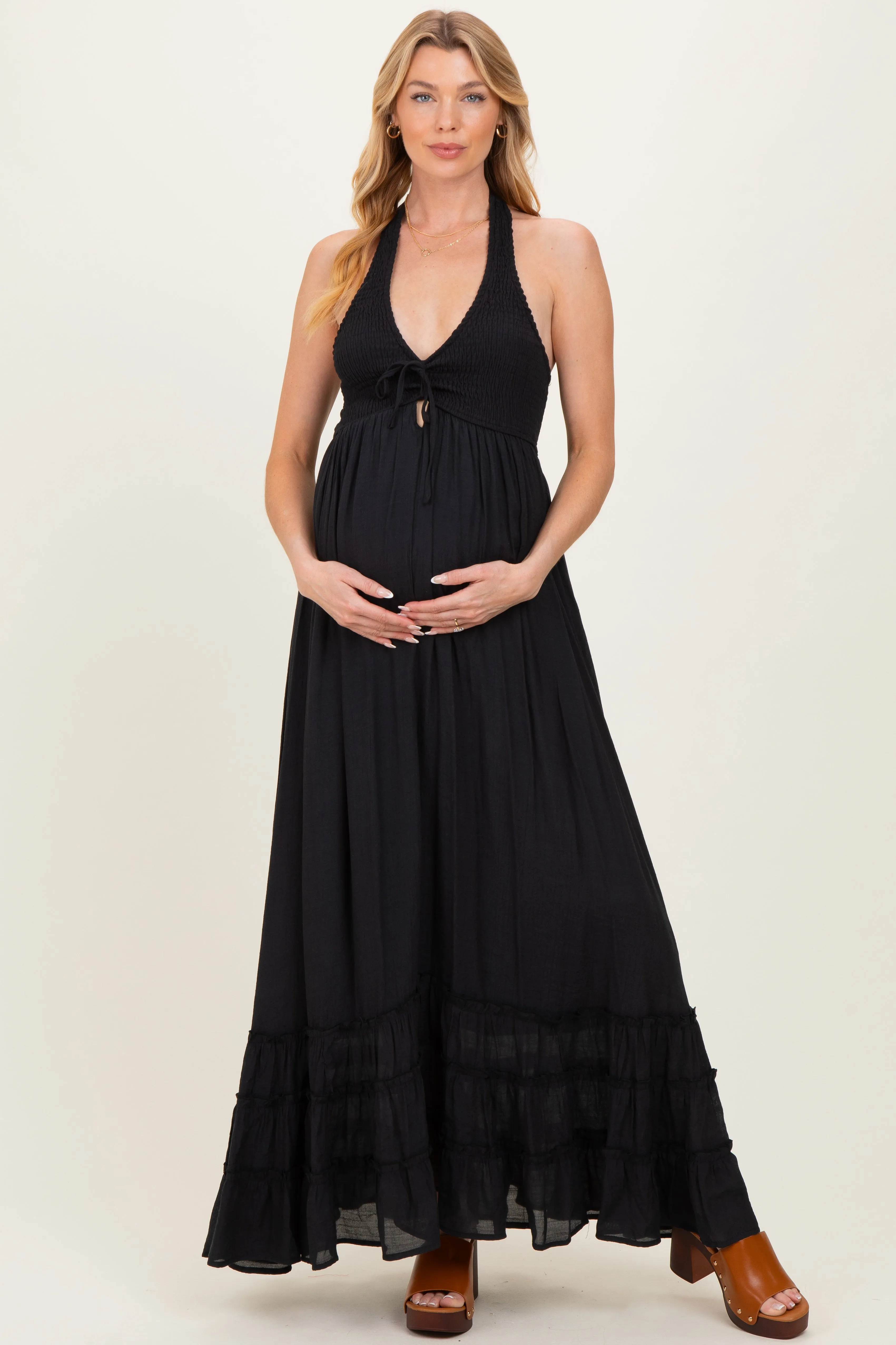 Black Halter Neck Smocked Maternity Maxi Dress sold by Pinkblush product image thumbnail 2
