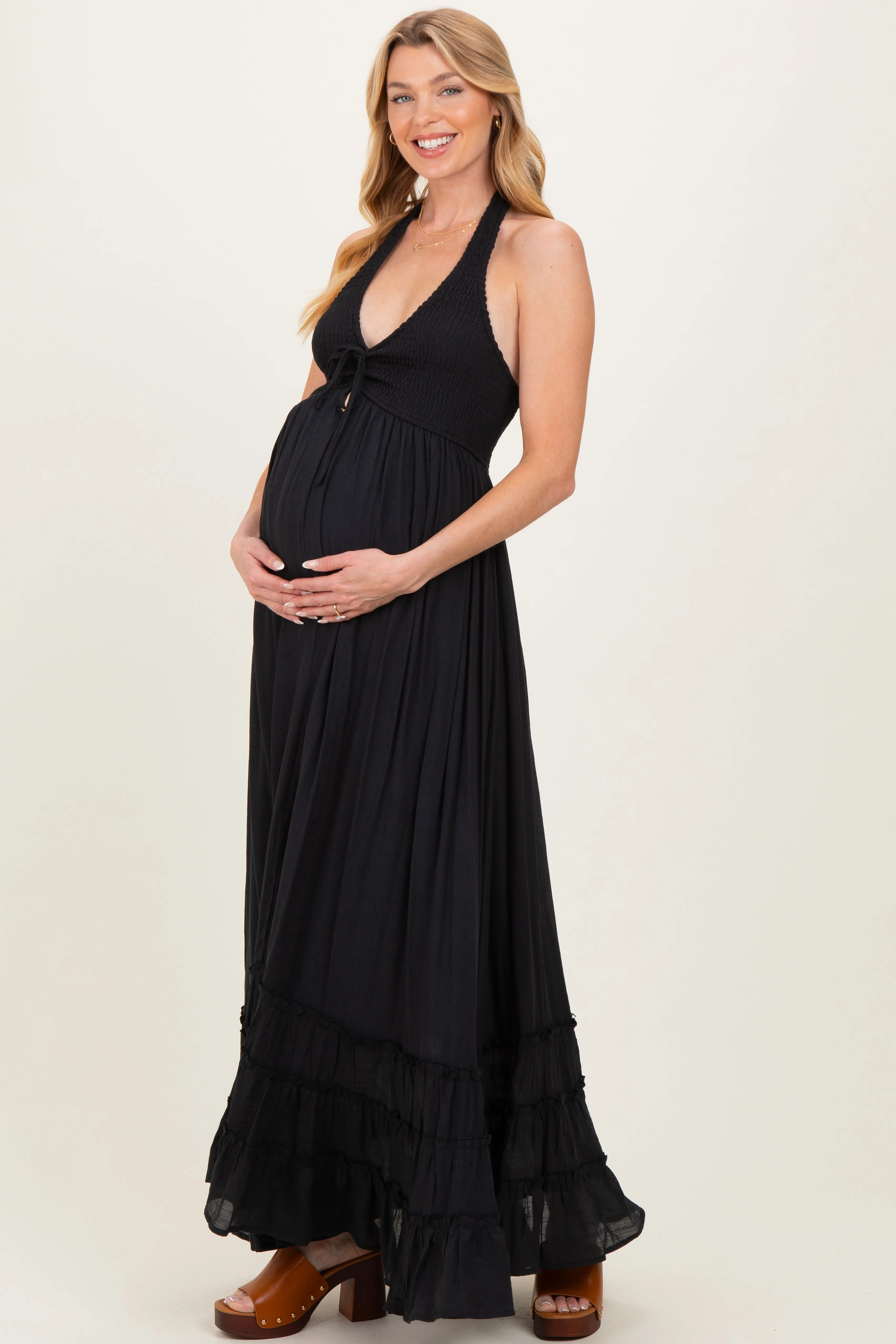 Black Halter Neck Smocked Maternity Maxi Dress sold by Pinkblush product image thumbnail 3