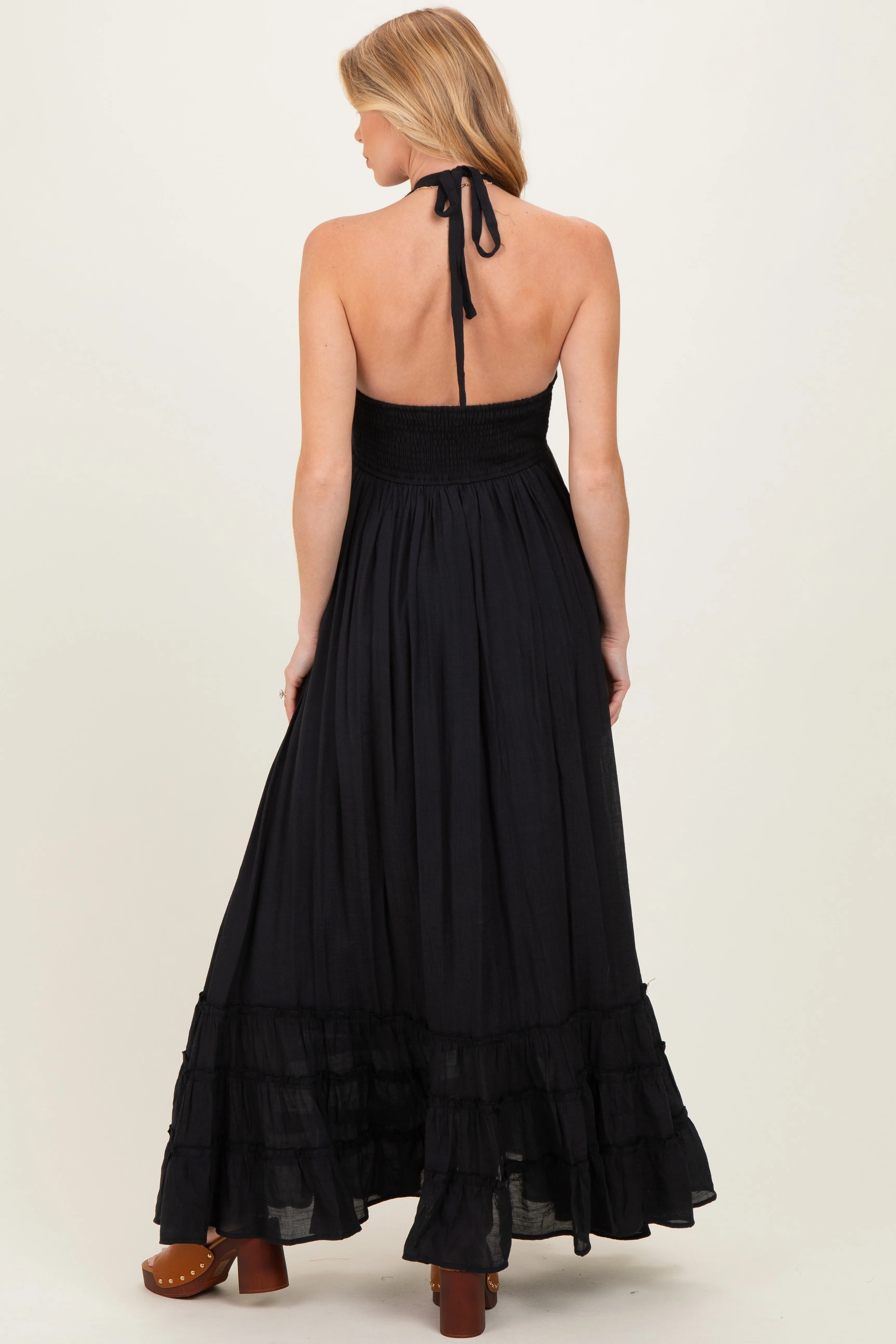 Black Halter Neck Smocked Maternity Maxi Dress sold by Pinkblush product image thumbnail 4