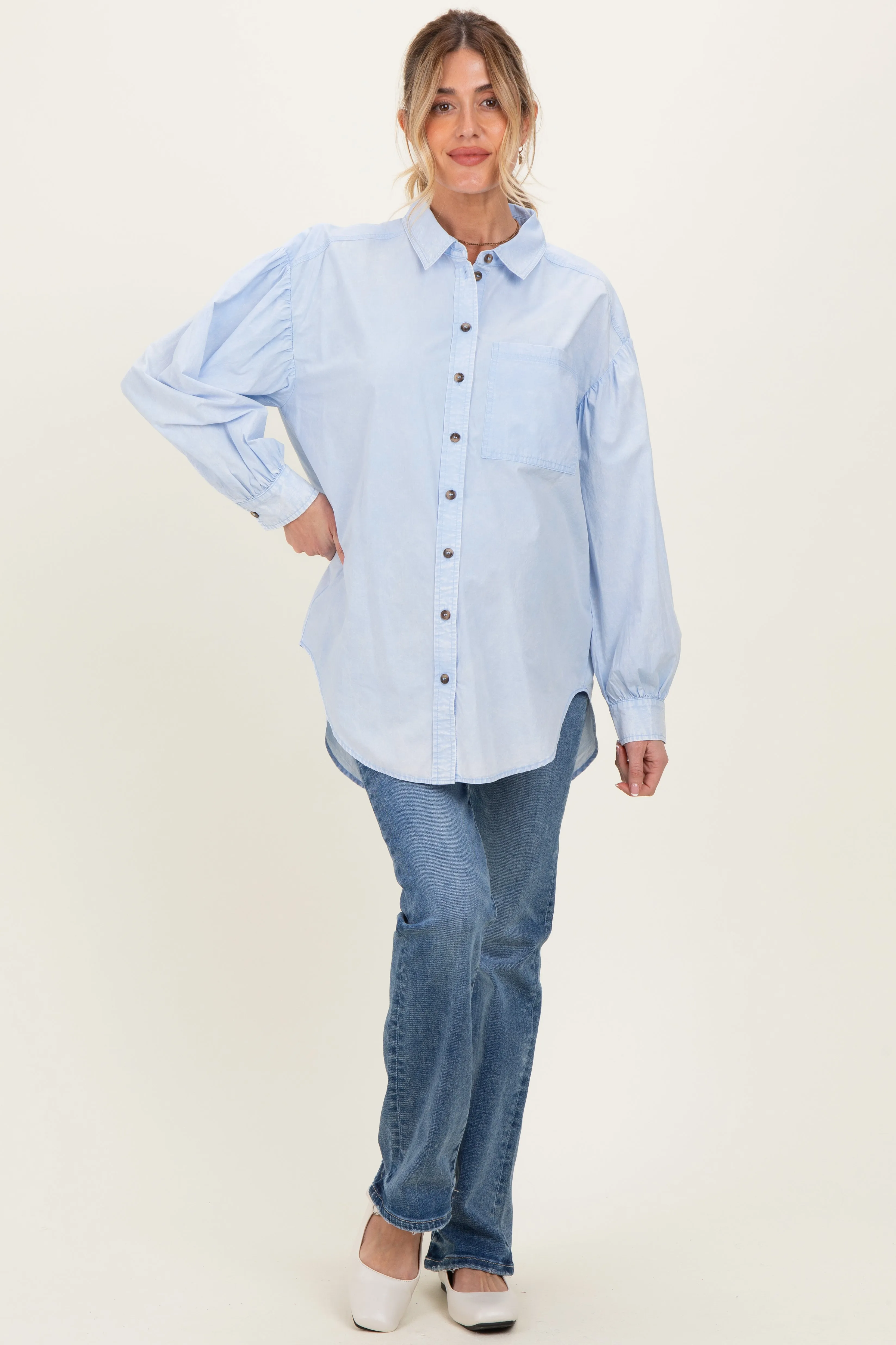 Light Blue Button Down Lightweight Casual Maternity Shirt sold by Pinkblush product image thumbnail 2
