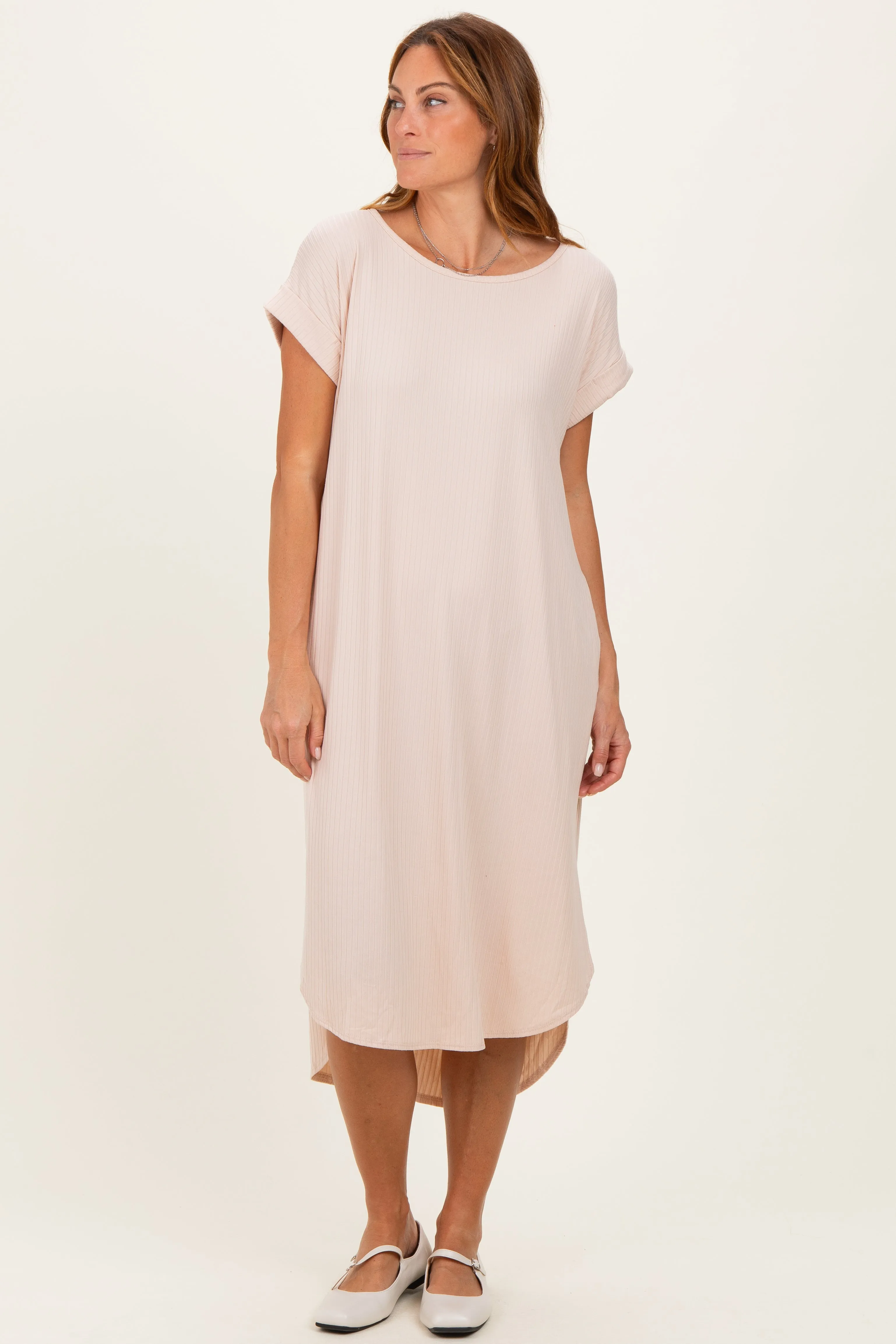 Beige Ribbed Curved Hem Midi Dress sold by Pinkblush product image thumbnail 2
