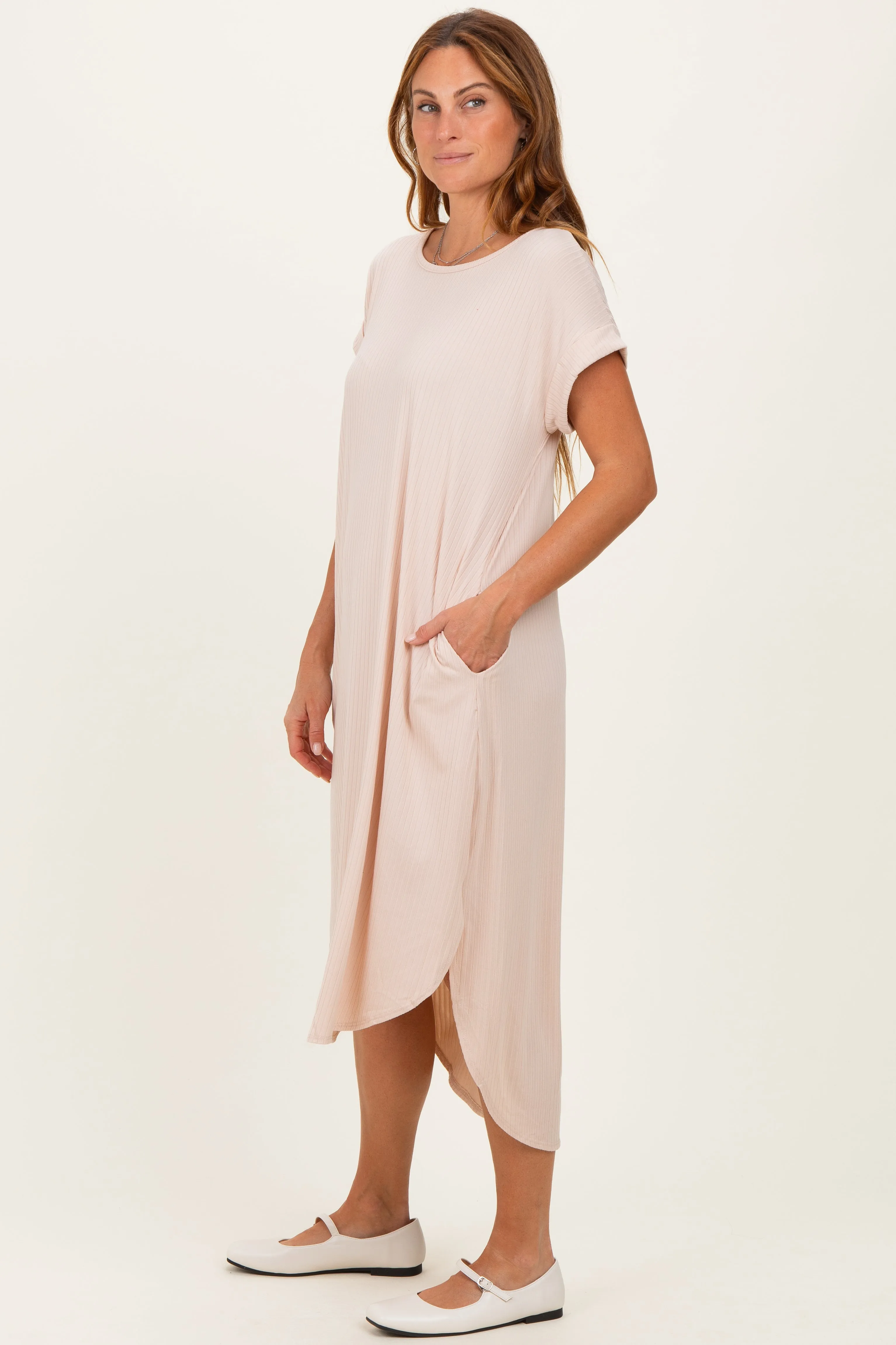Beige Ribbed Curved Hem Midi Dress sold by Pinkblush product image thumbnail 3