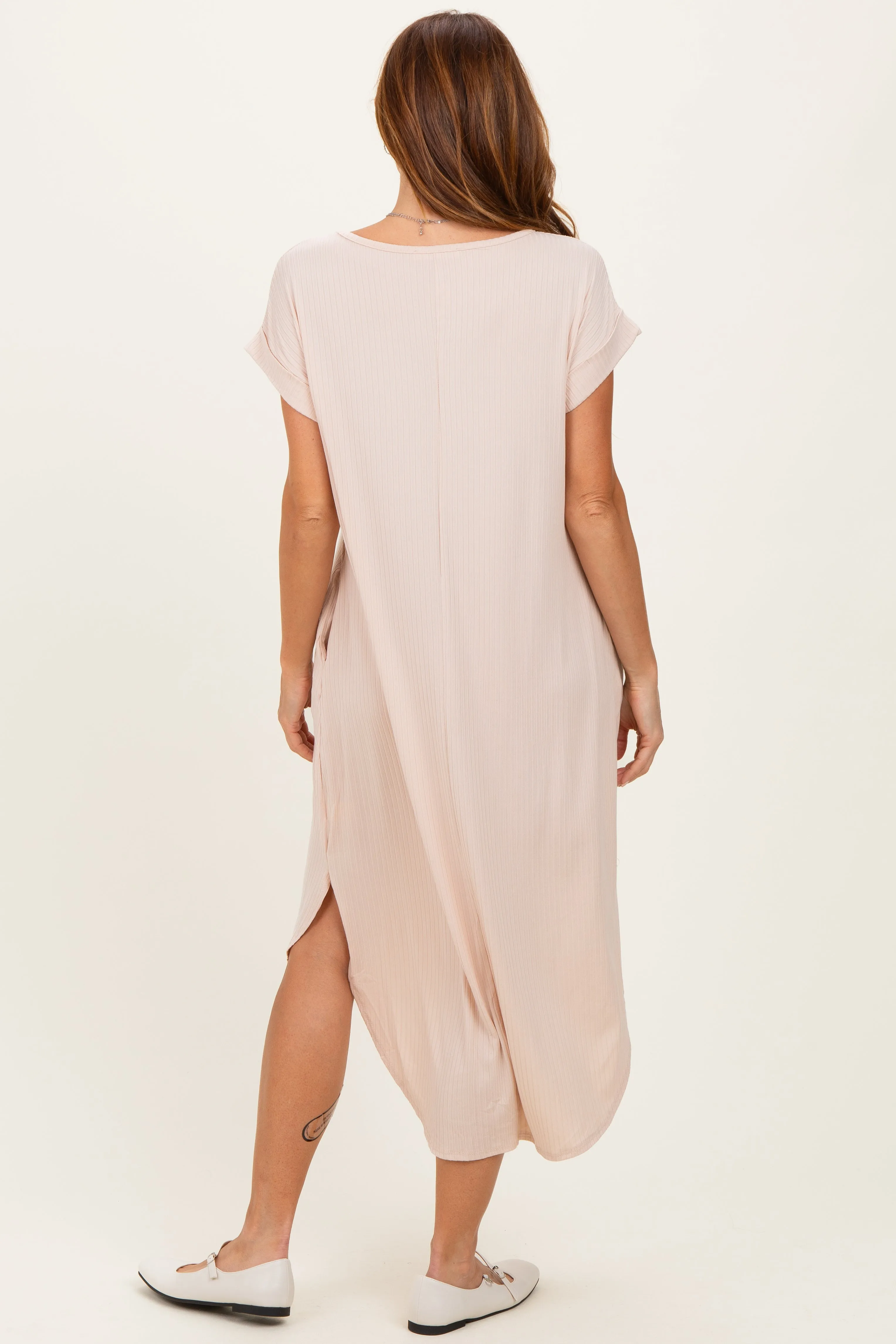 Beige Ribbed Curved Hem Midi Dress sold by Pinkblush product image thumbnail 4