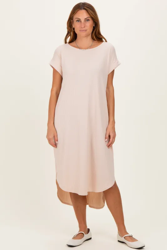 Beige Ribbed Curved Hem Midi Dress made by Pinkblush
