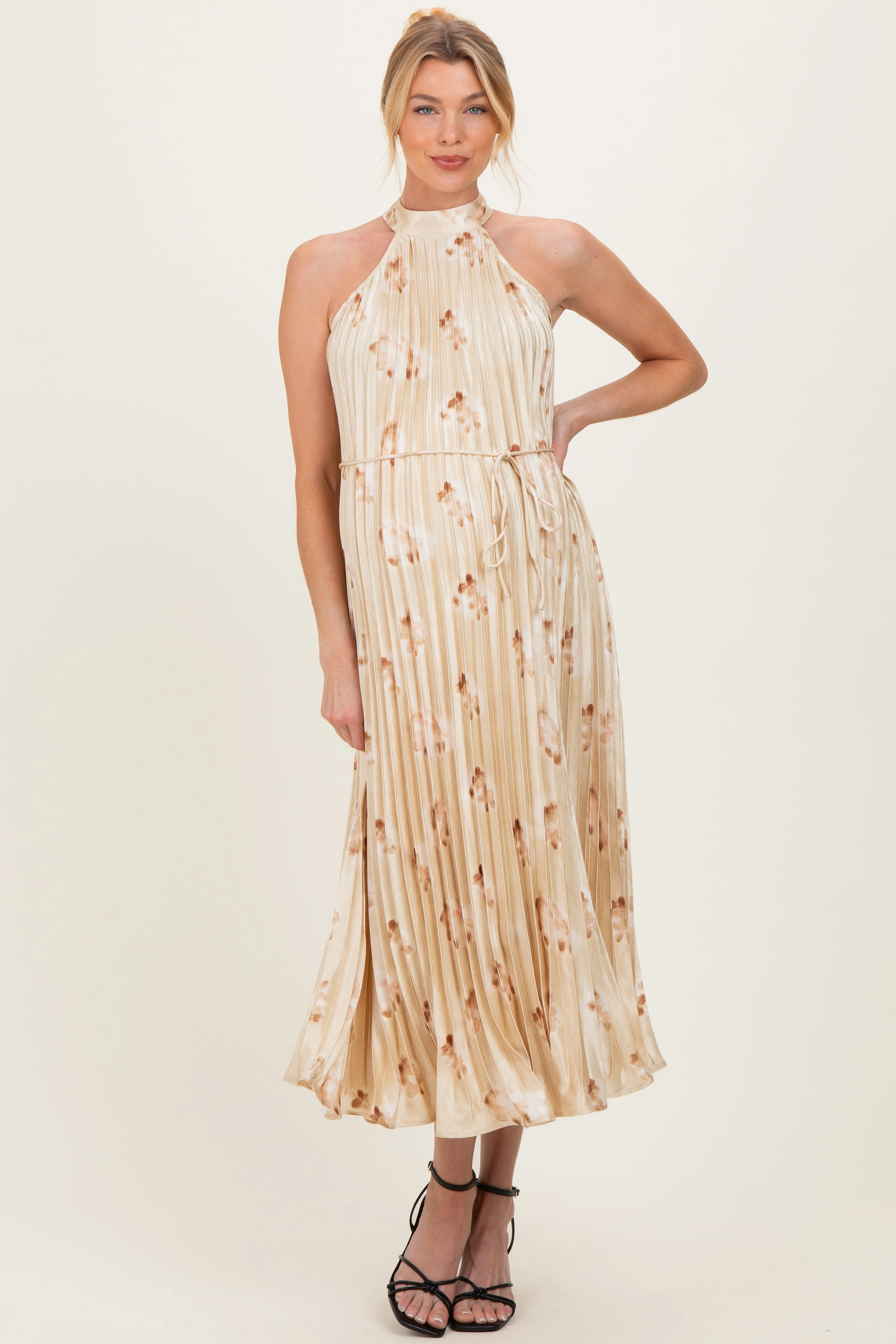 Yellow Floral Pleated Halter Maternity Midi Dress sold by Pinkblush product image thumbnail 2
