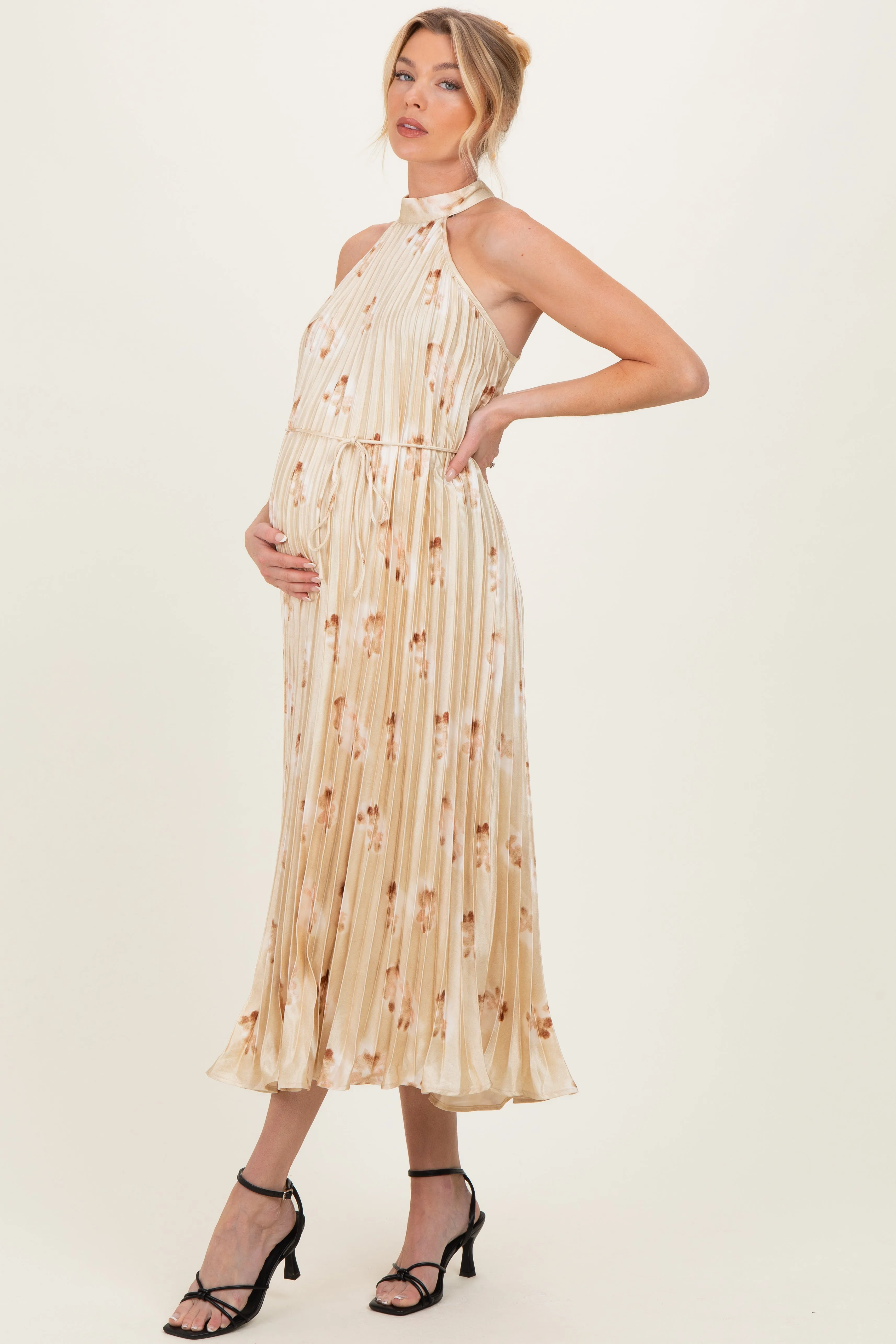 Yellow Floral Pleated Halter Maternity Midi Dress sold by Pinkblush product image thumbnail 3