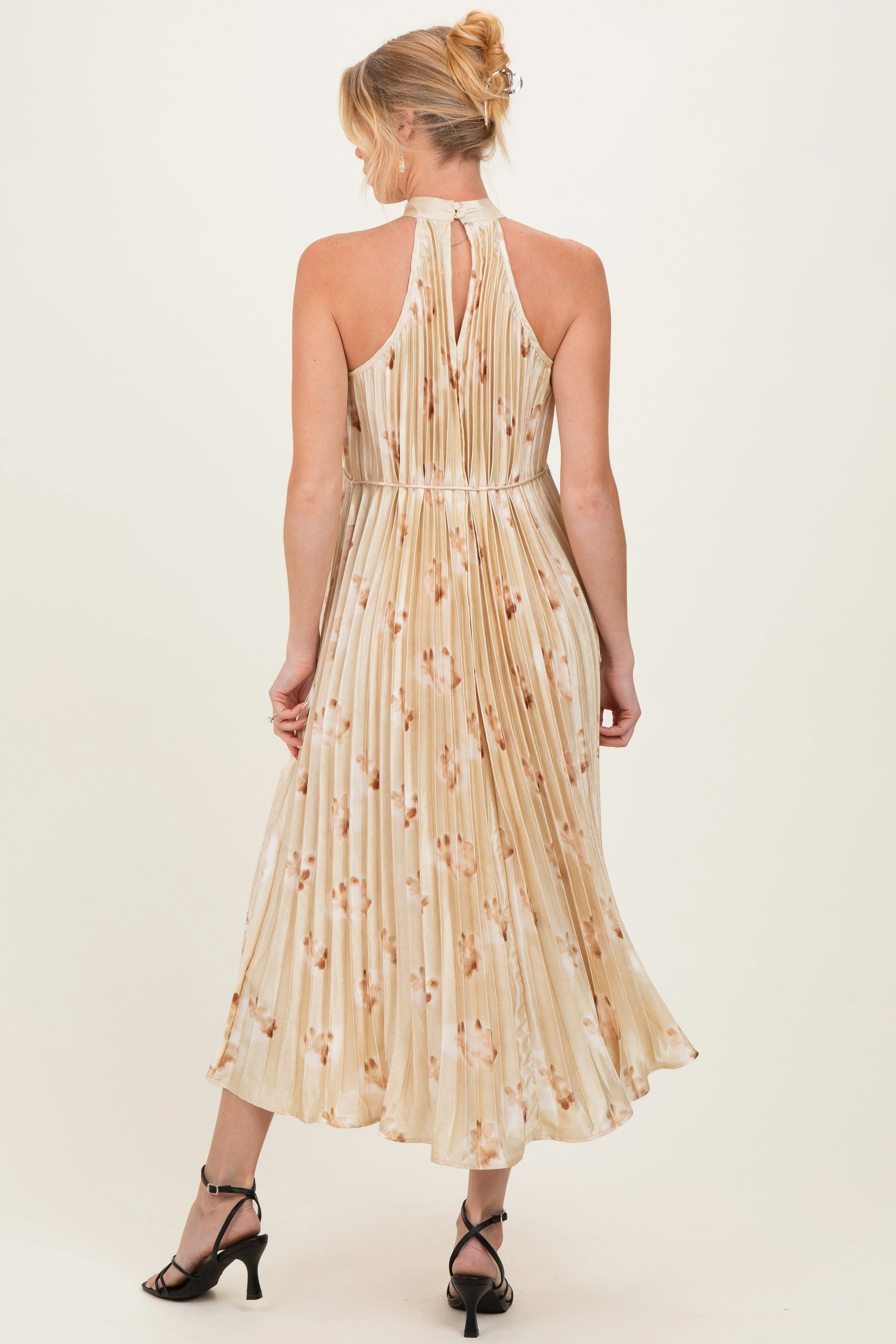 Yellow Floral Pleated Halter Maternity Midi Dress sold by Pinkblush product image thumbnail 4