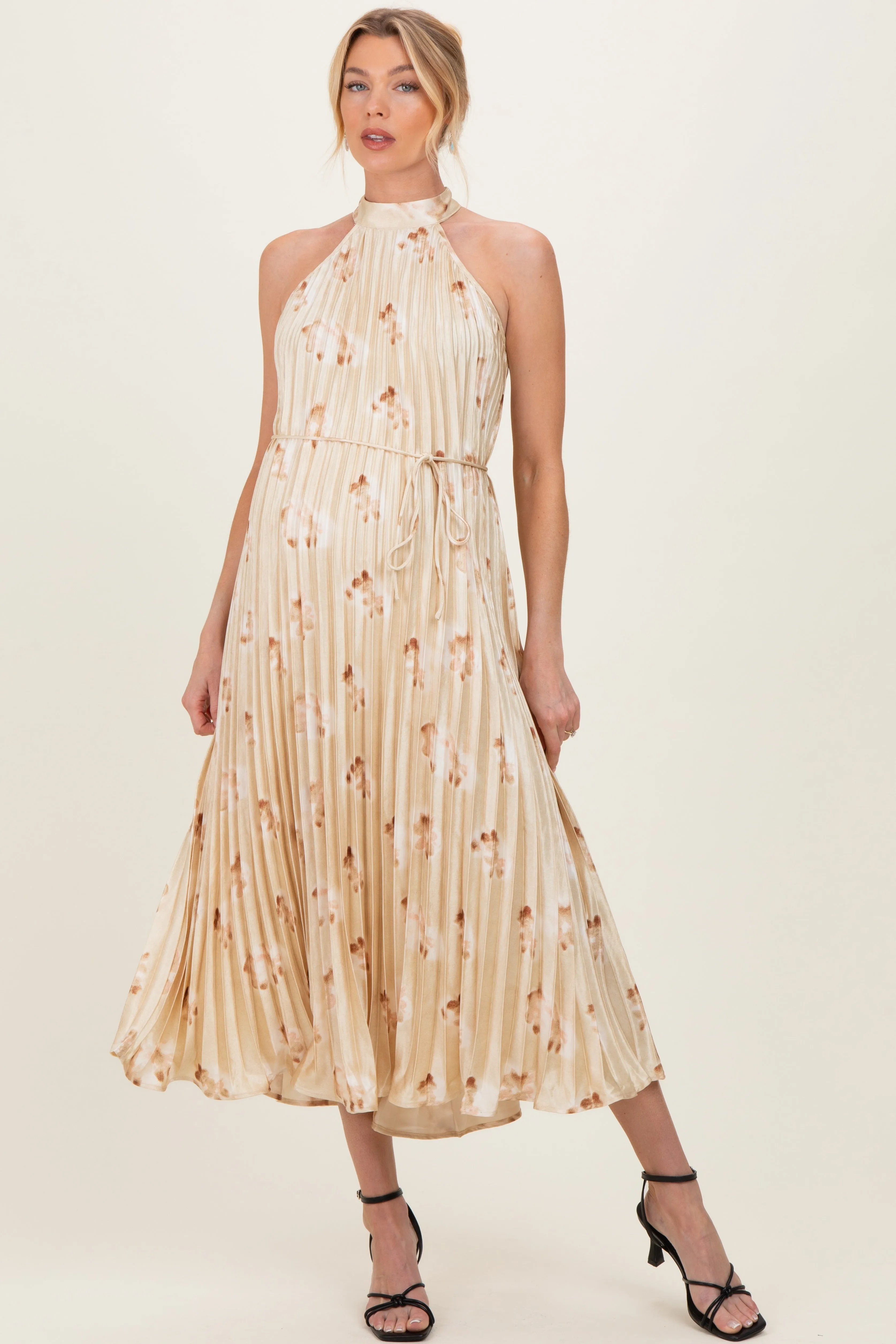 Yellow Floral Pleated Halter Maternity Midi Dress sold by Pinkblush
