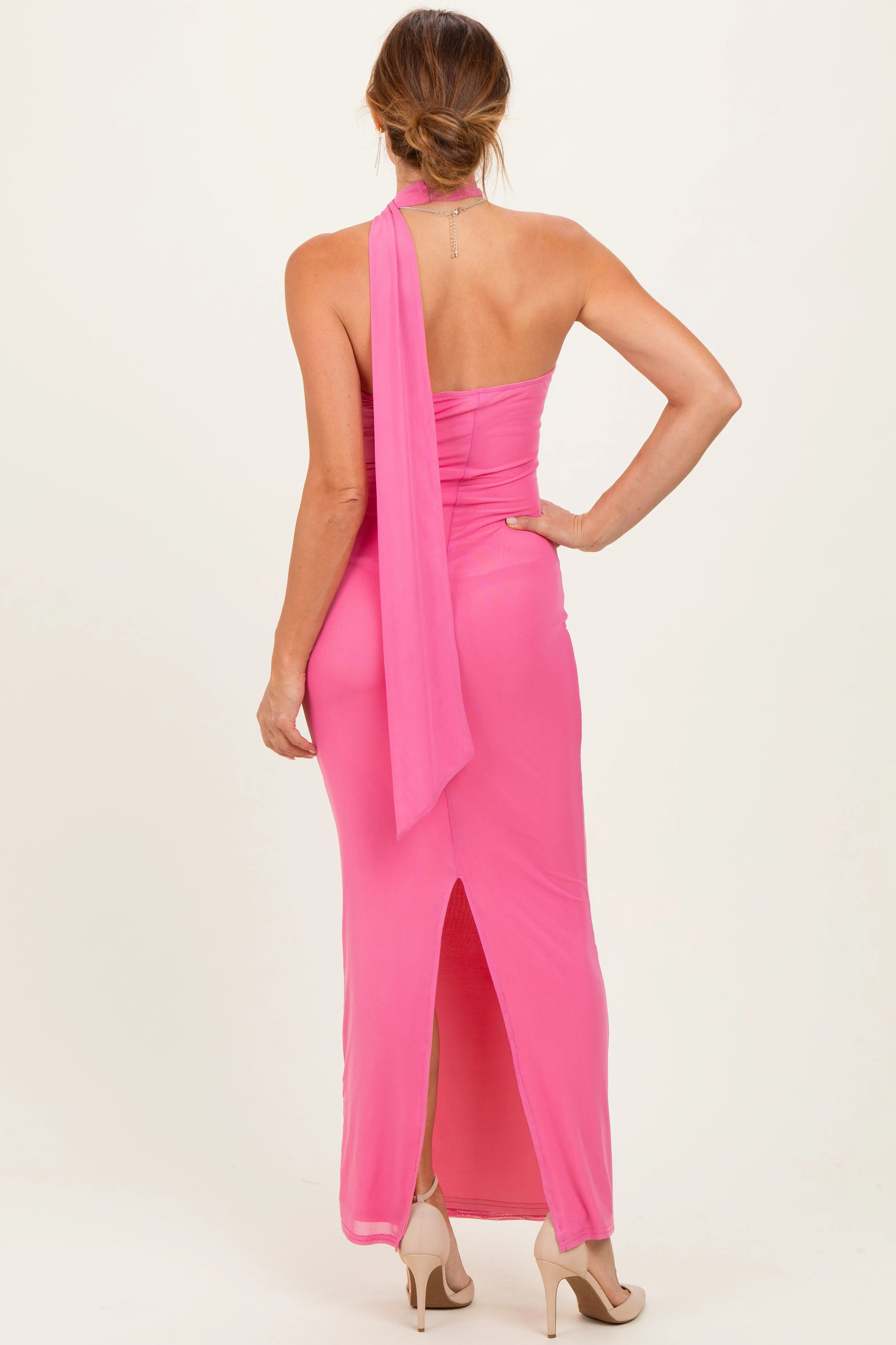 Pink Mesh Overlay Halter Maxi Dress sold by Pinkblush product image thumbnail 3