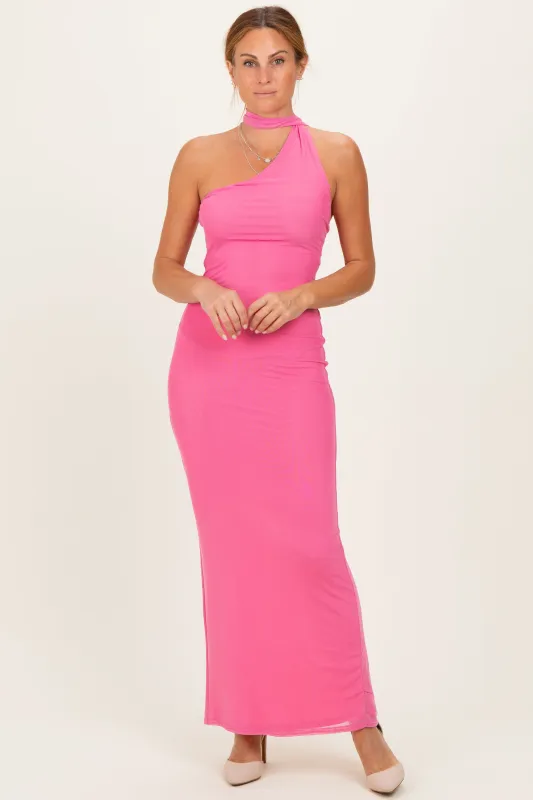 Pink Mesh Overlay Halter Maxi Dress sold by Pinkblush