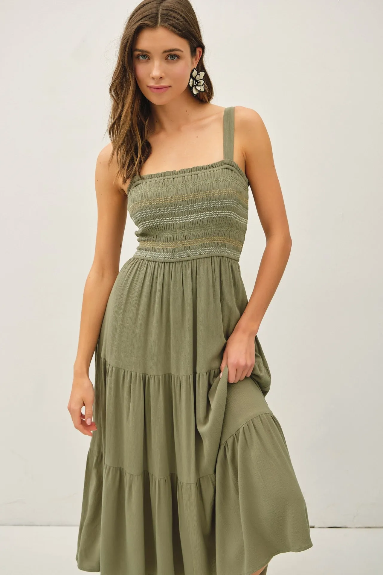 Olive Embroidered Smocked Midi Dress sold by Pinkblush product image thumbnail 4