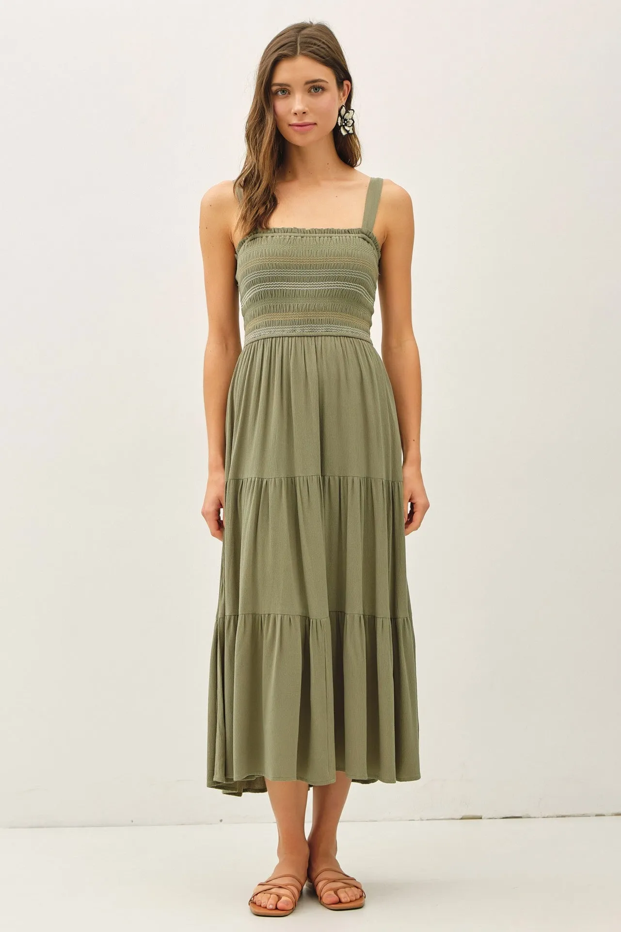 Olive Embroidered Smocked Midi Dress sold by Pinkblush