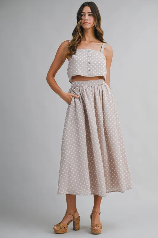 Mauve Polka Dot Crop Tank Midi Skirt Set sold by Pinkblush