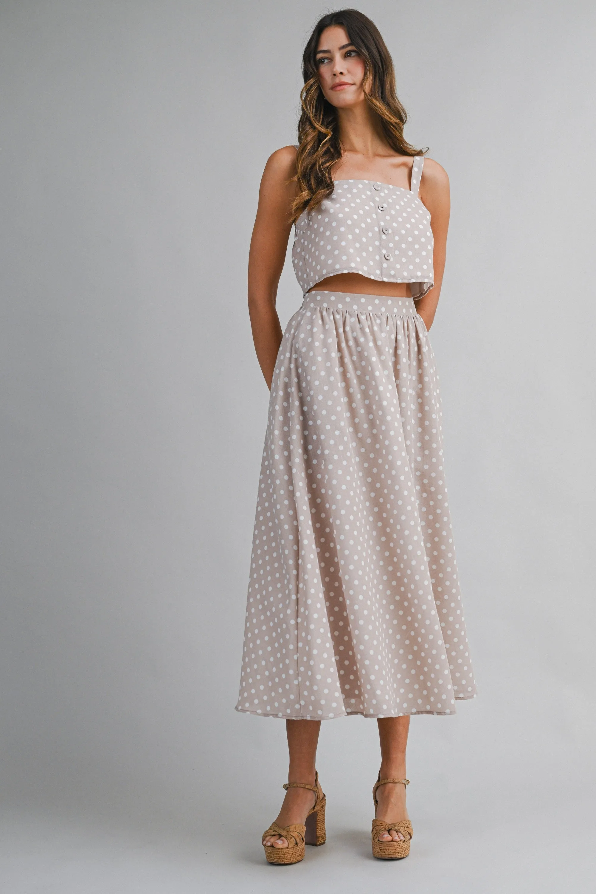 Mauve Polka Dot Crop Tank Midi Skirt Set sold by Pinkblush product image thumbnail 2