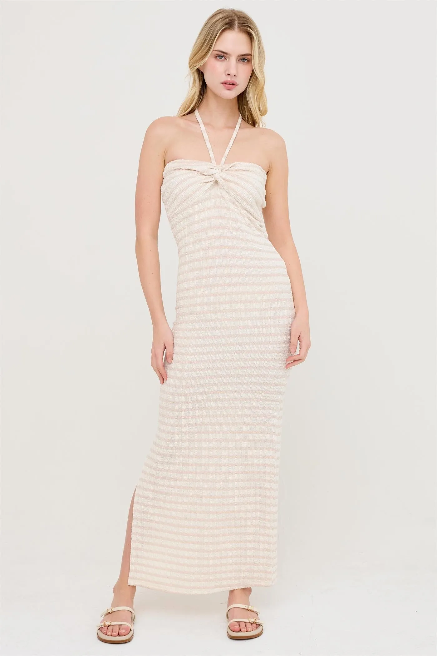Taupe Halter Neck Twist Bust Maternity Midi Dress sold by Pinkblush product image thumbnail 4