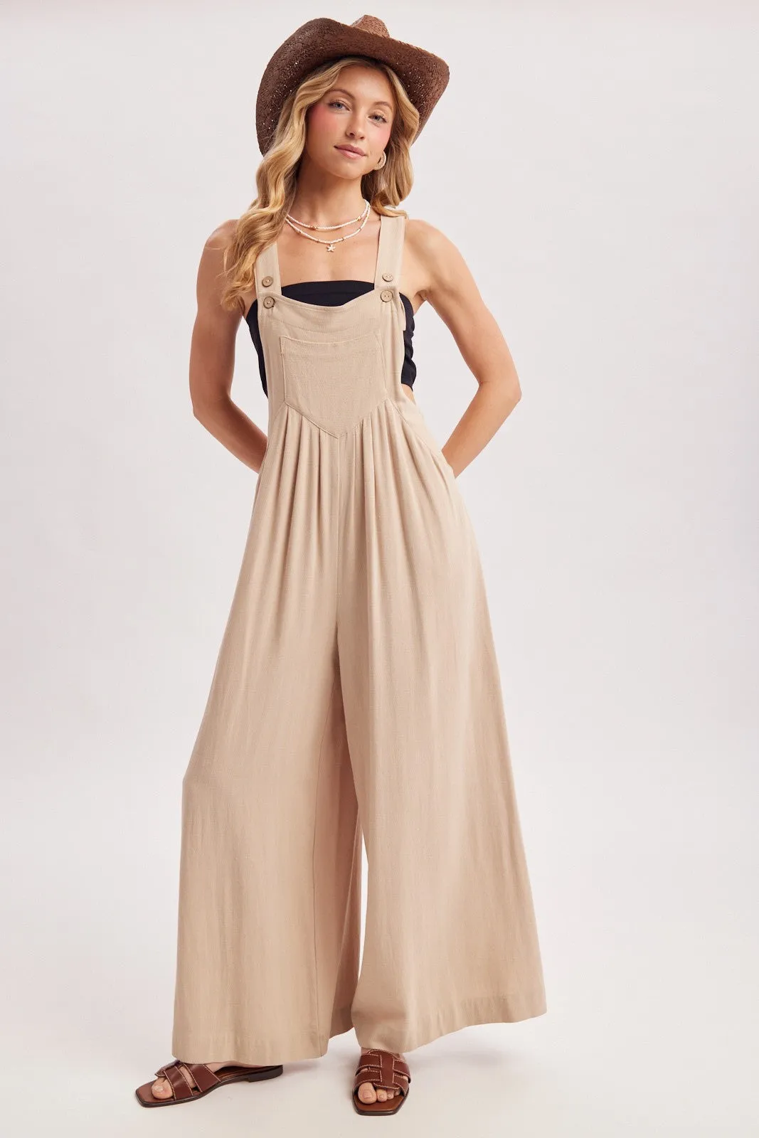Beige Super Wide Leg Overall Jumpsuit sold by Pinkblush product image thumbnail 2