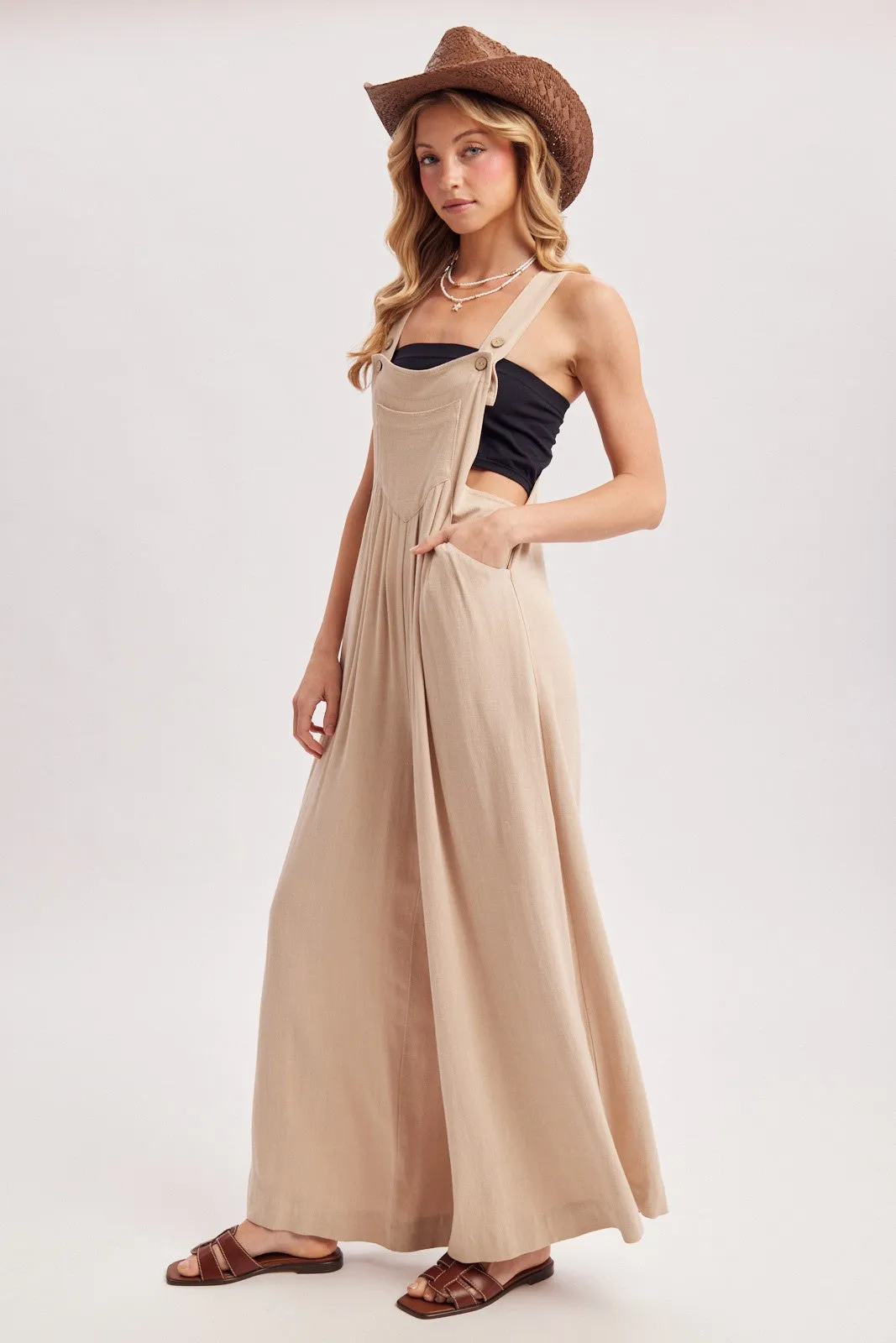 Beige Super Wide Leg Overall Jumpsuit sold by Pinkblush product image thumbnail 3