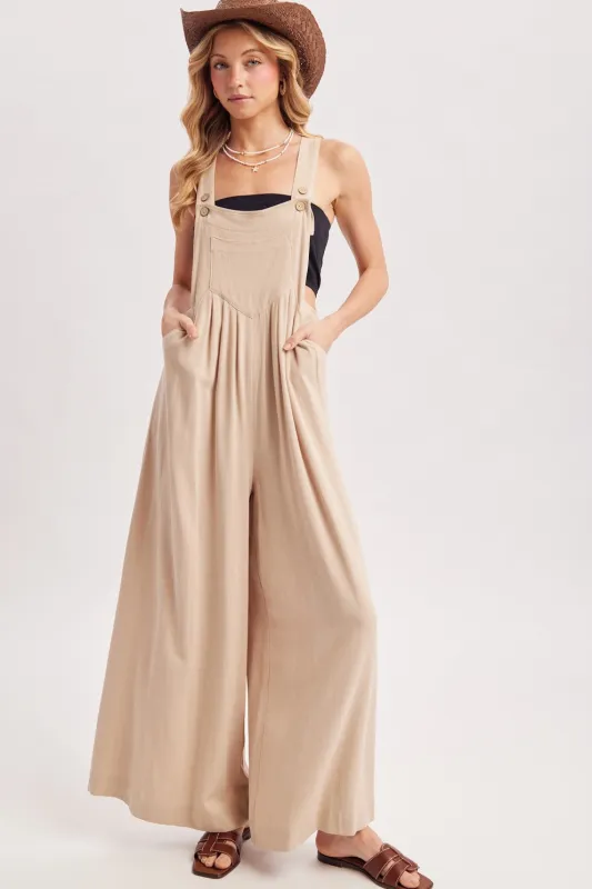 Beige Super Wide Leg Overall Jumpsuit sold by Pinkblush