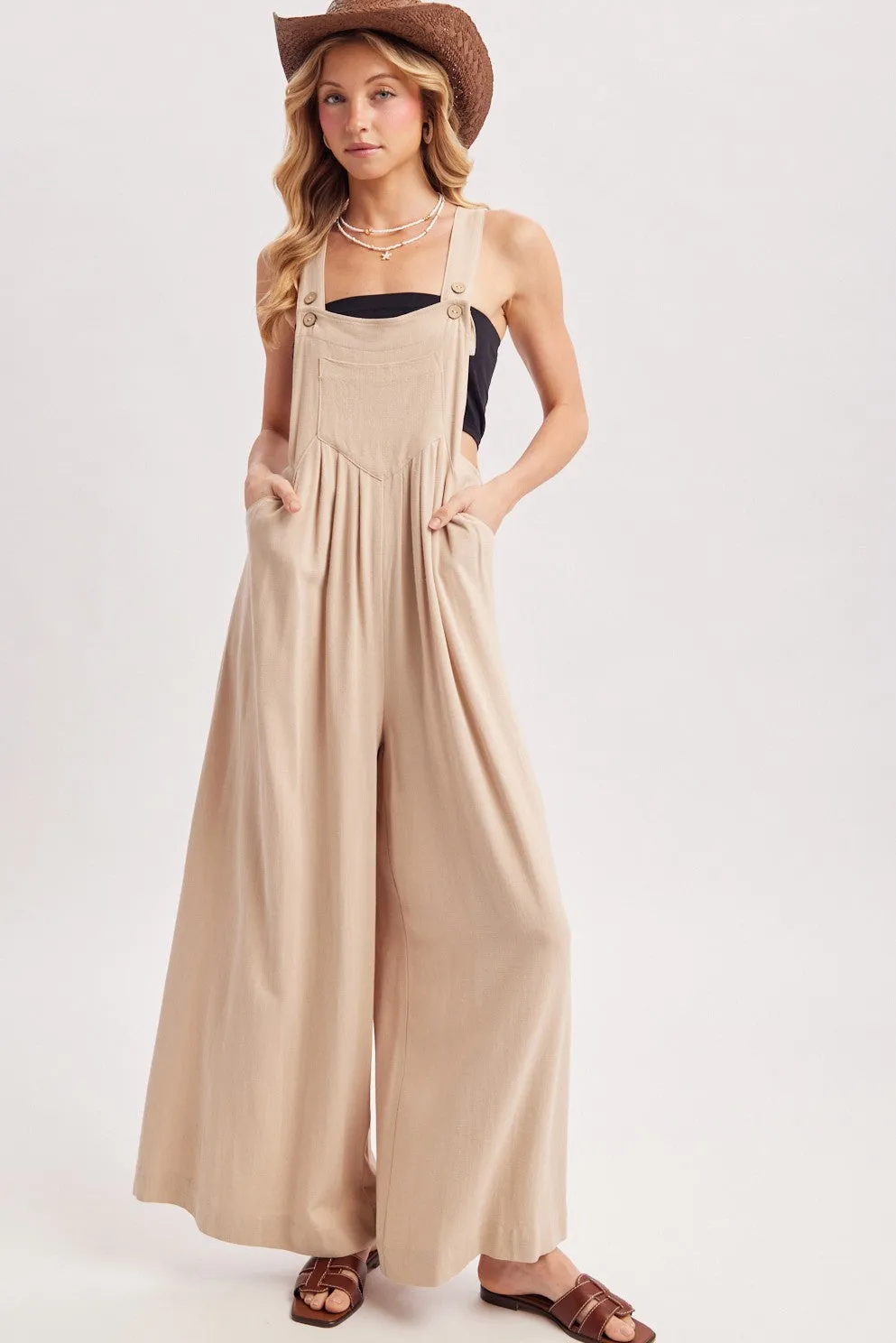 Beige Super Wide Leg Overall Jumpsuit sold by Pinkblush