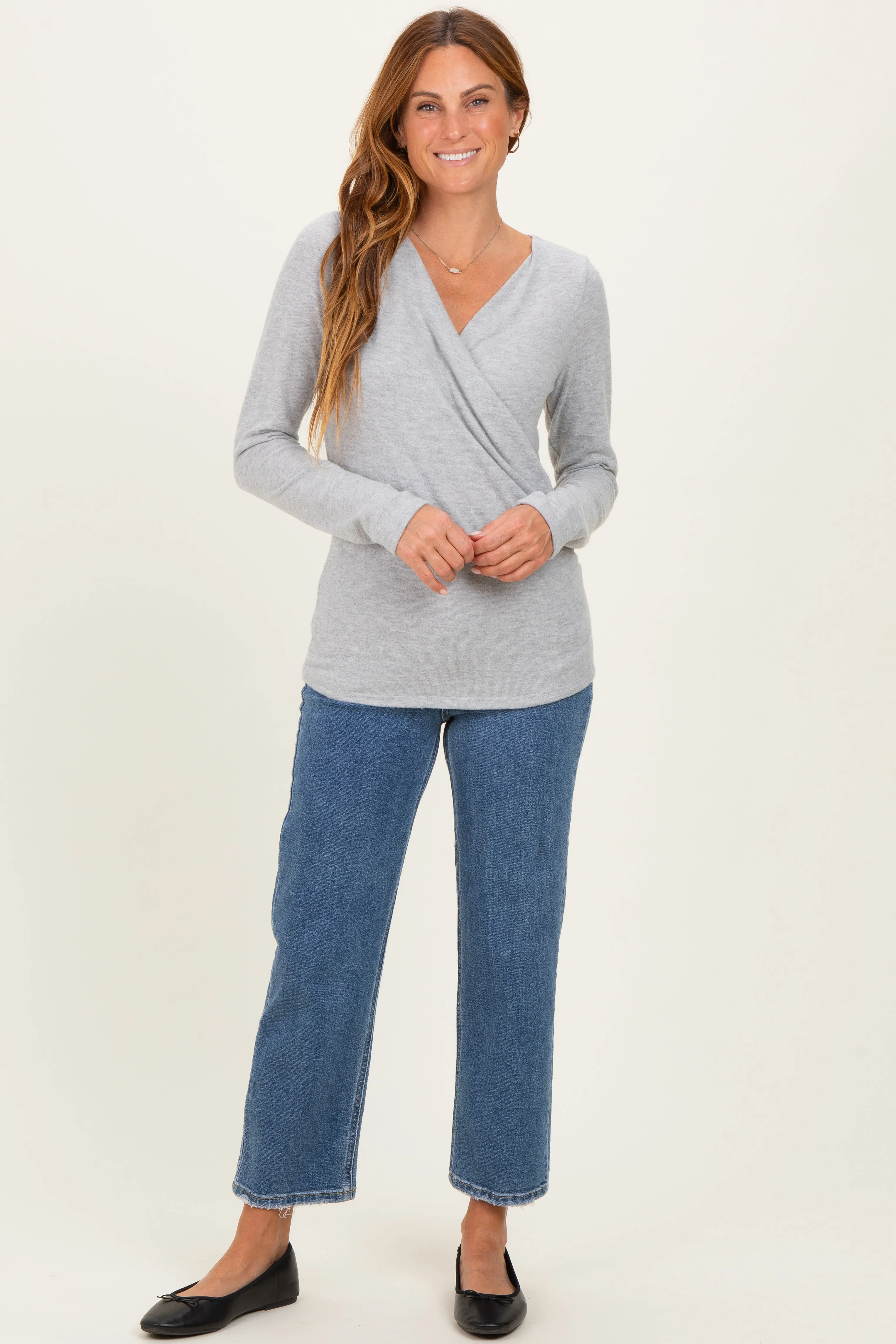 Heather Gray Brushed Knit Wrap Front Top sold by Pinkblush product image thumbnail 2