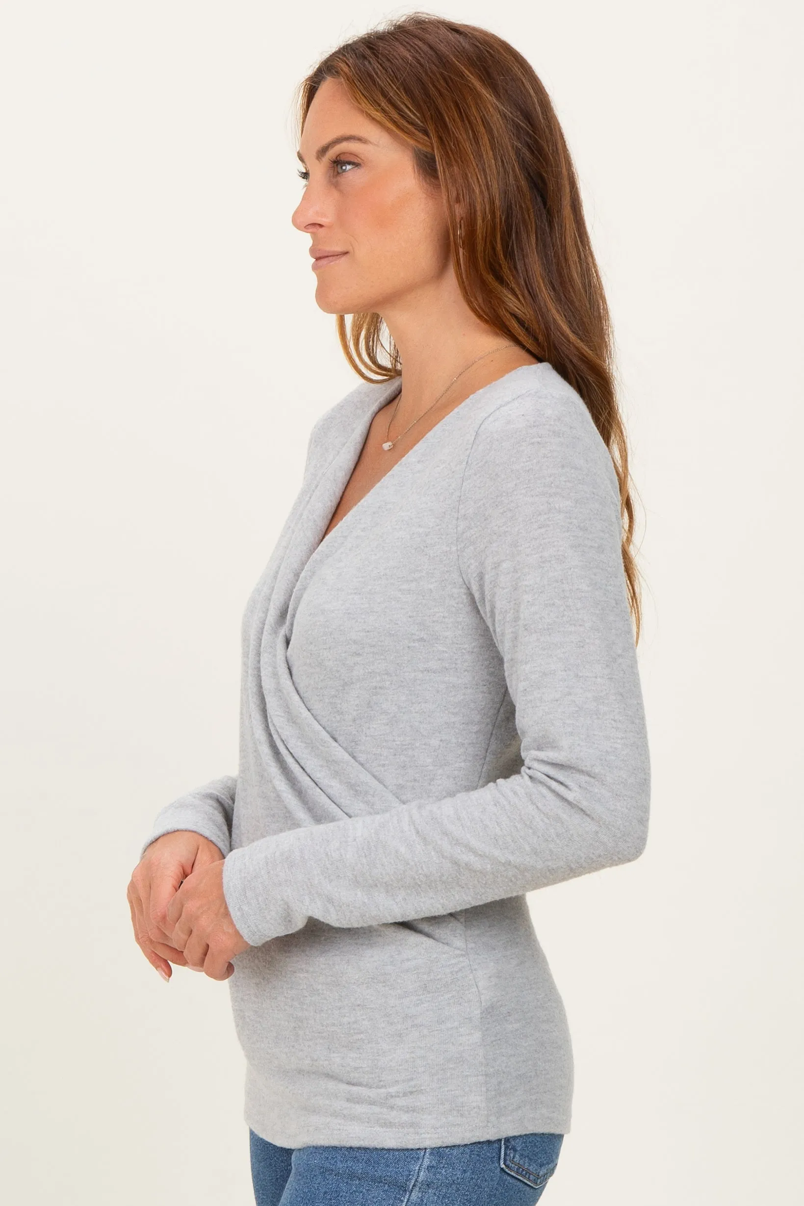 Heather Gray Brushed Knit Wrap Front Top sold by Pinkblush product image thumbnail 3