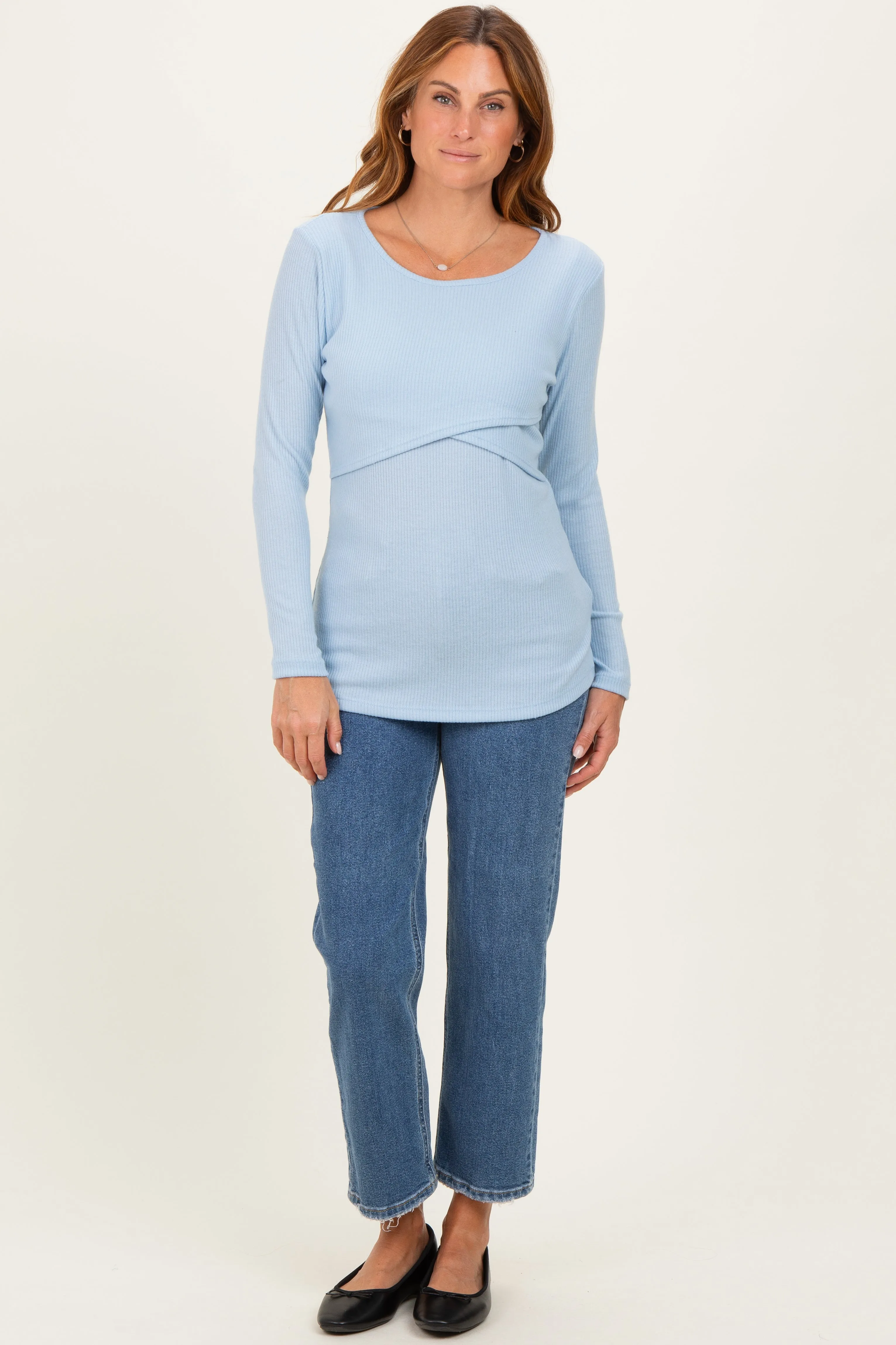 Light Blue Ribbed Crossover Nursing Top sold by Pinkblush