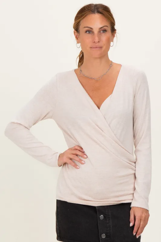 Beige Brushed Knit Wrap Front Top made by Pinkblush