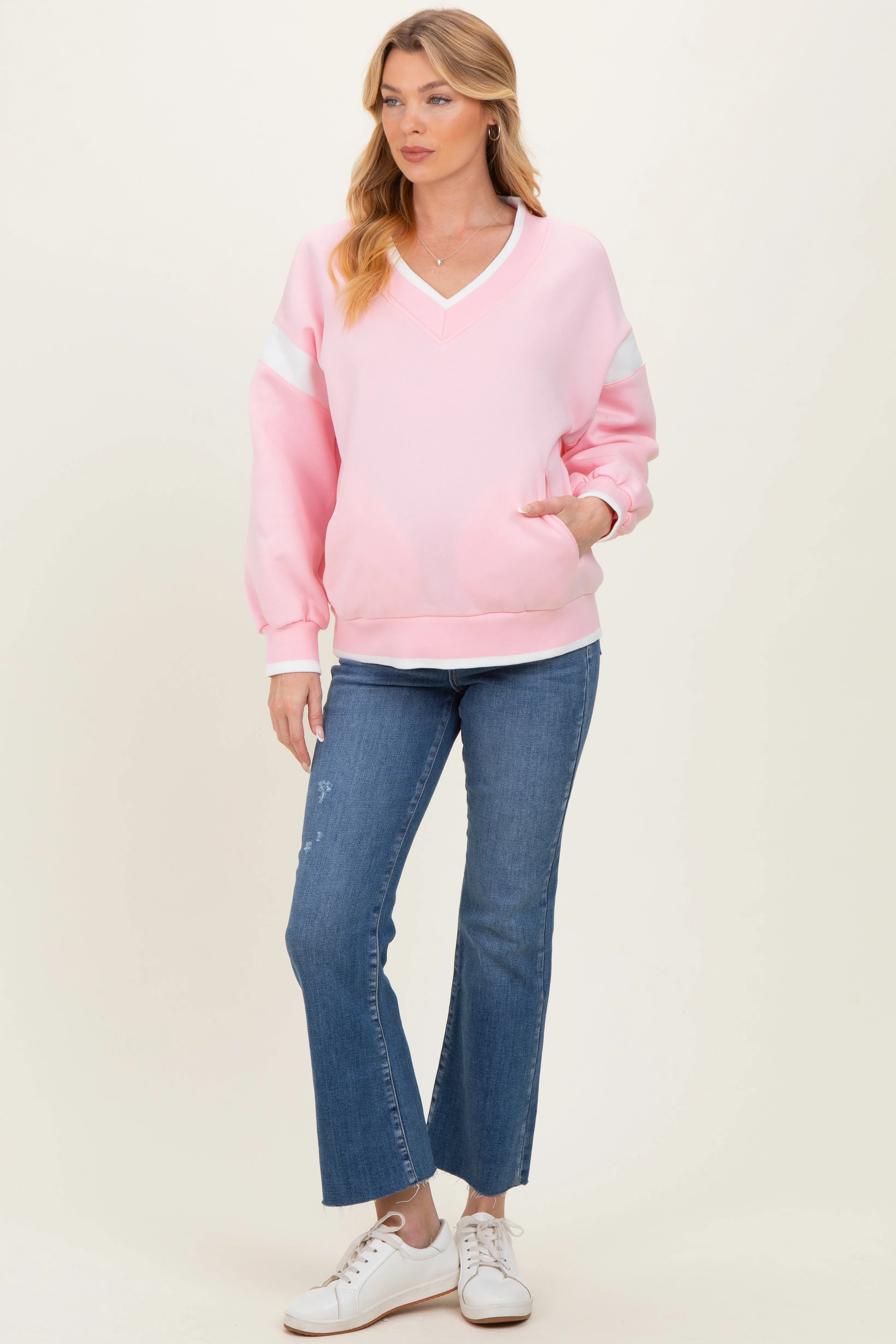Pink Contrast Sleeve V-Neck Maternity Sweatshirt sold by Pinkblush product image thumbnail 3
