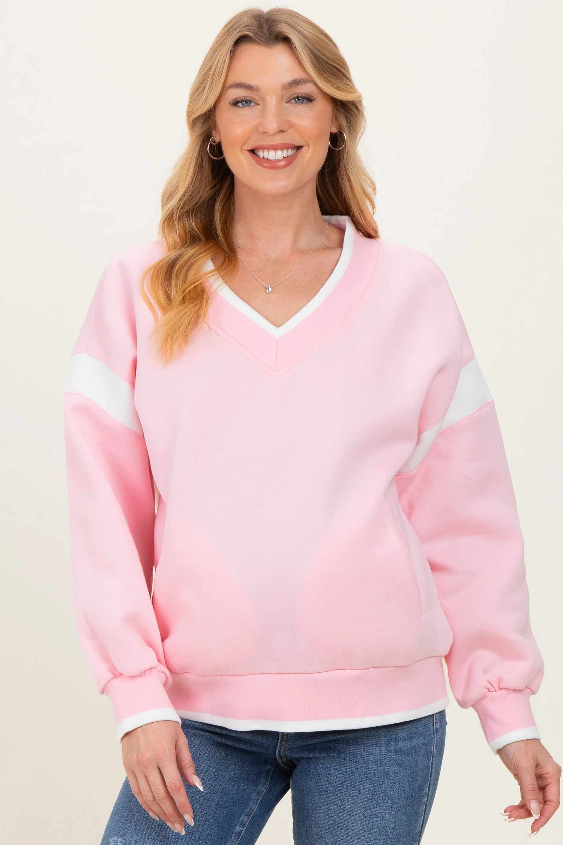 Pink Contrast Sleeve V-Neck Maternity Sweatshirt sold by Pinkblush
