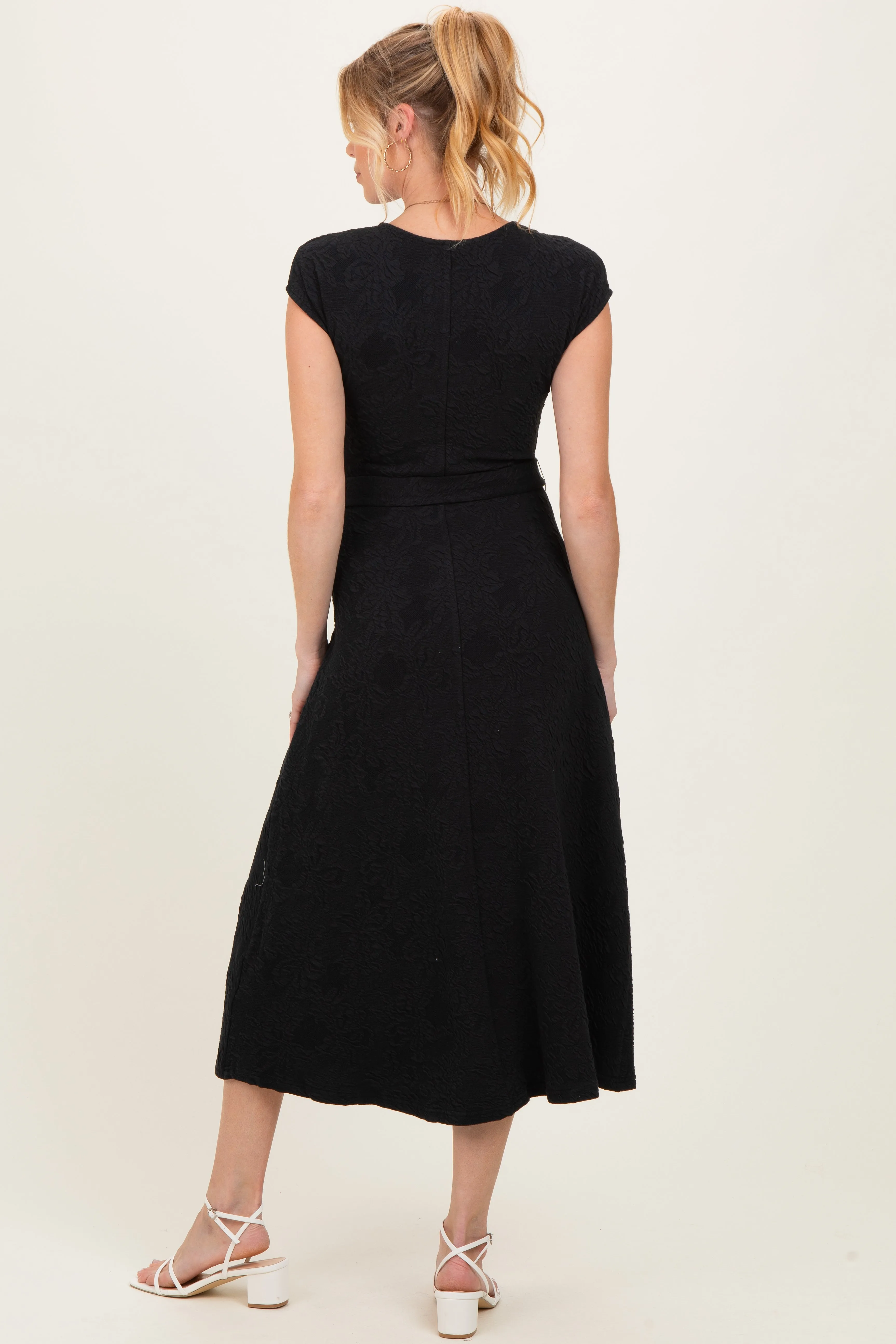 Black Jacquard Waist Tie Maternity Midi Dress sold by Pinkblush product image thumbnail 2