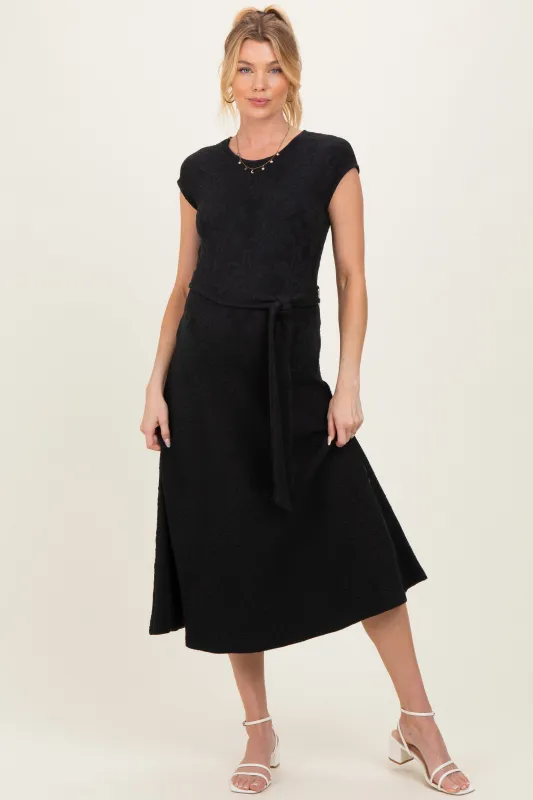 Black Jacquard Waist Tie Maternity Midi Dress made by Klesis
