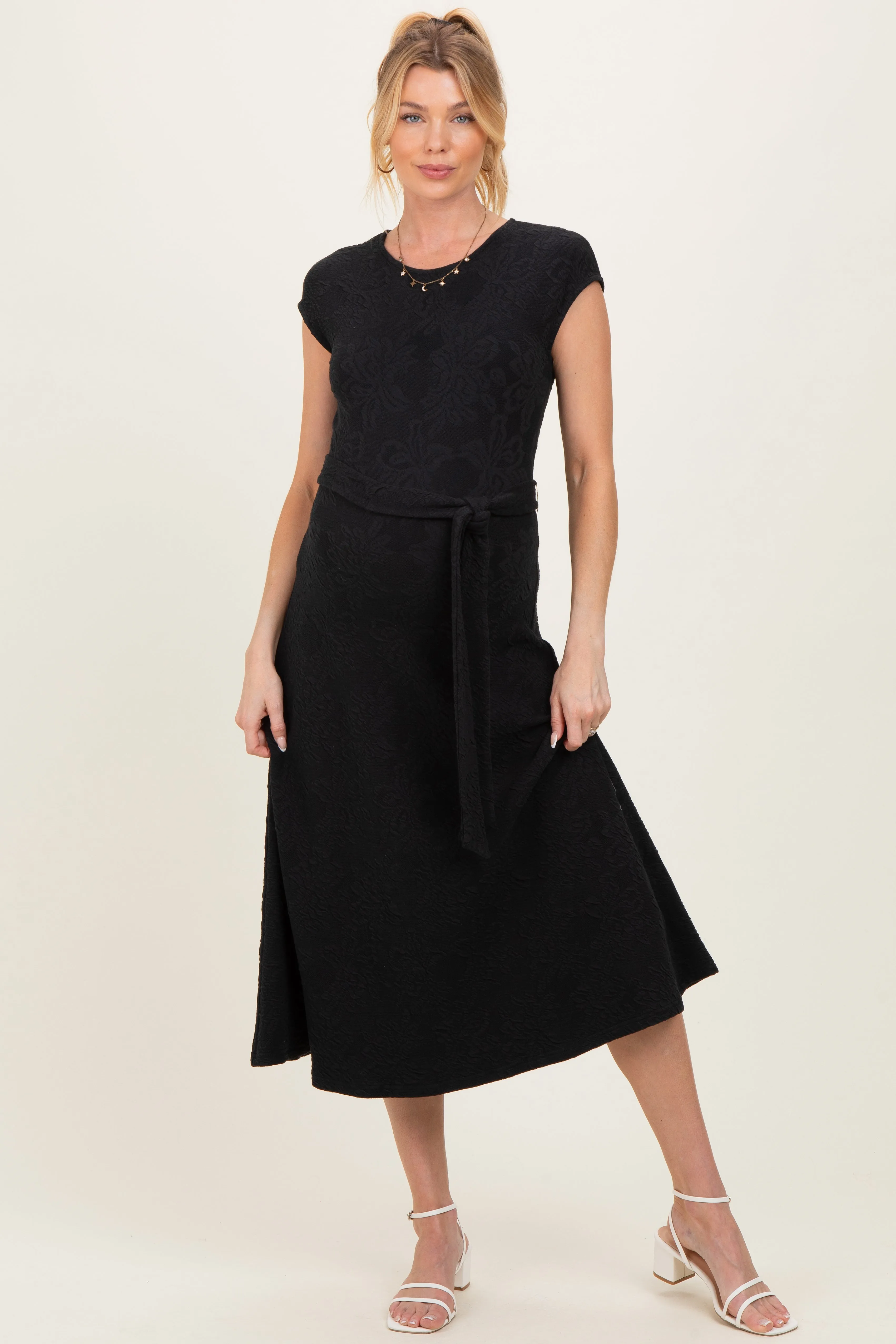 Black Jacquard Waist Tie Maternity Midi Dress sold by Pinkblush